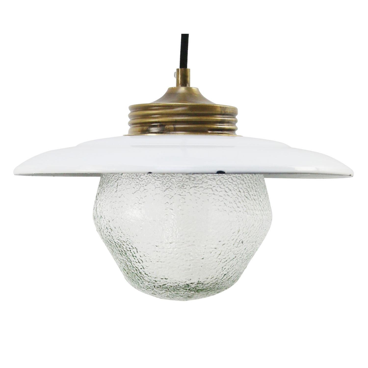 Hungarian Brass White Enamel Vintage Frosted Glass Pendant Lights For Sale