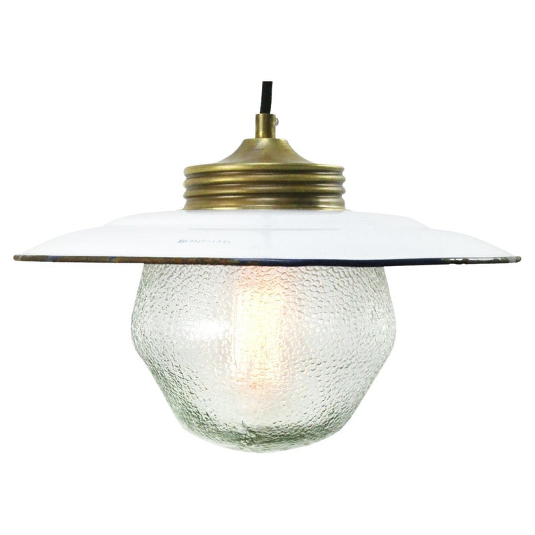 Brass White Enamel Vintage Frosted Glass Pendant Lights For Sale at 1stDibs