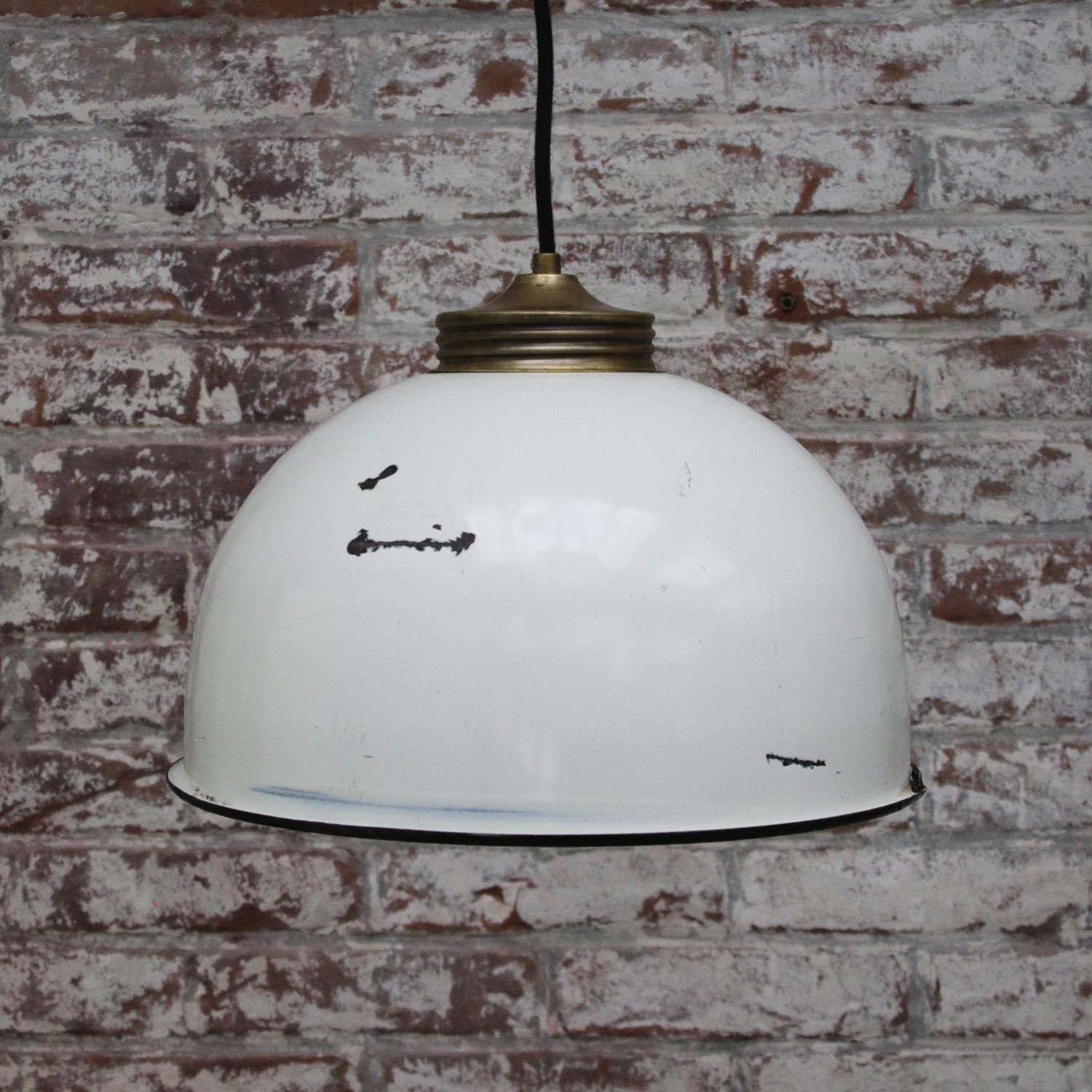 20th Century Brass White Enamel Vintage Industrial Pendant Lights For Sale