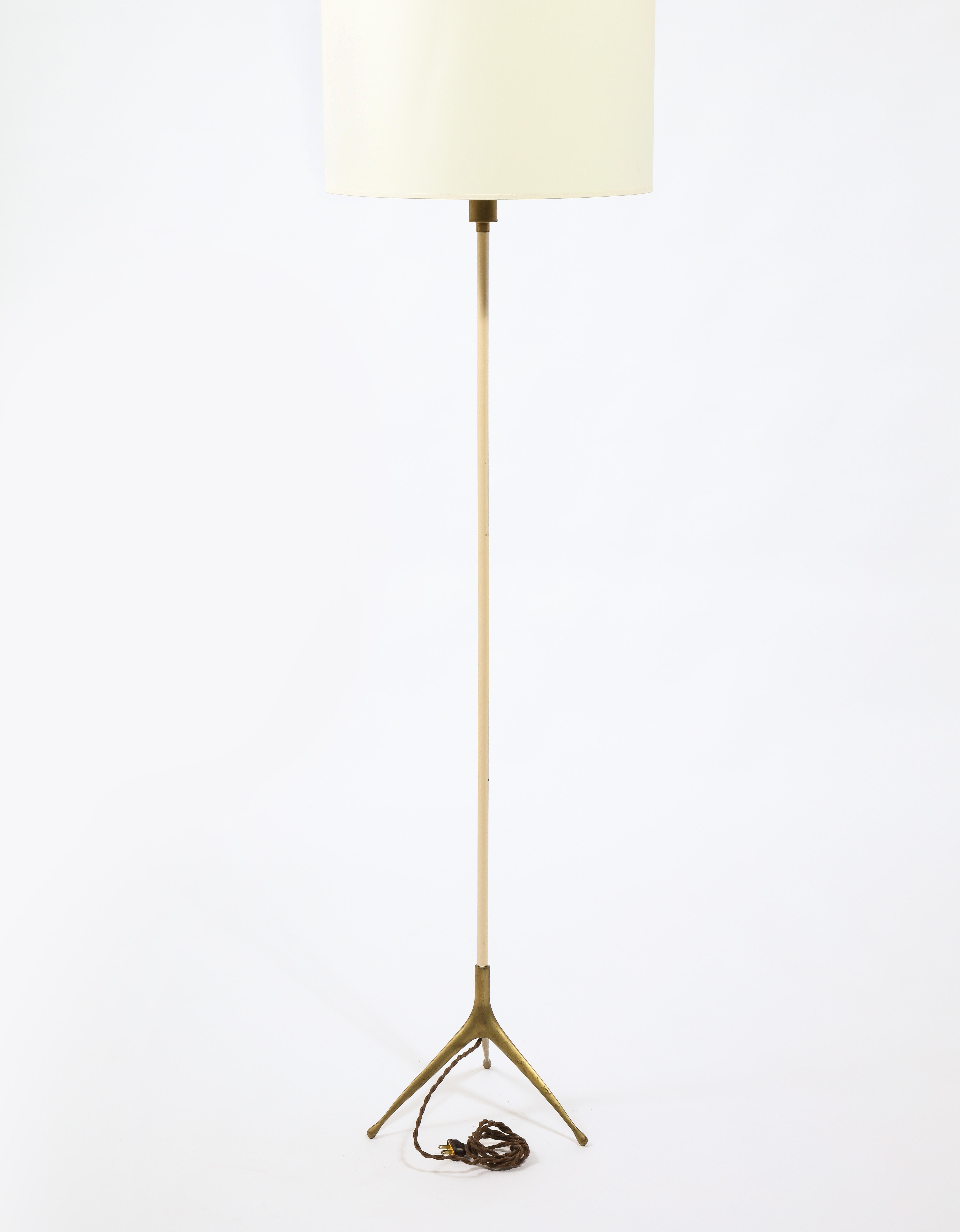 Brass & White Enameled Floor Lamp, Italy, 1960's In Fair Condition In New York, NY