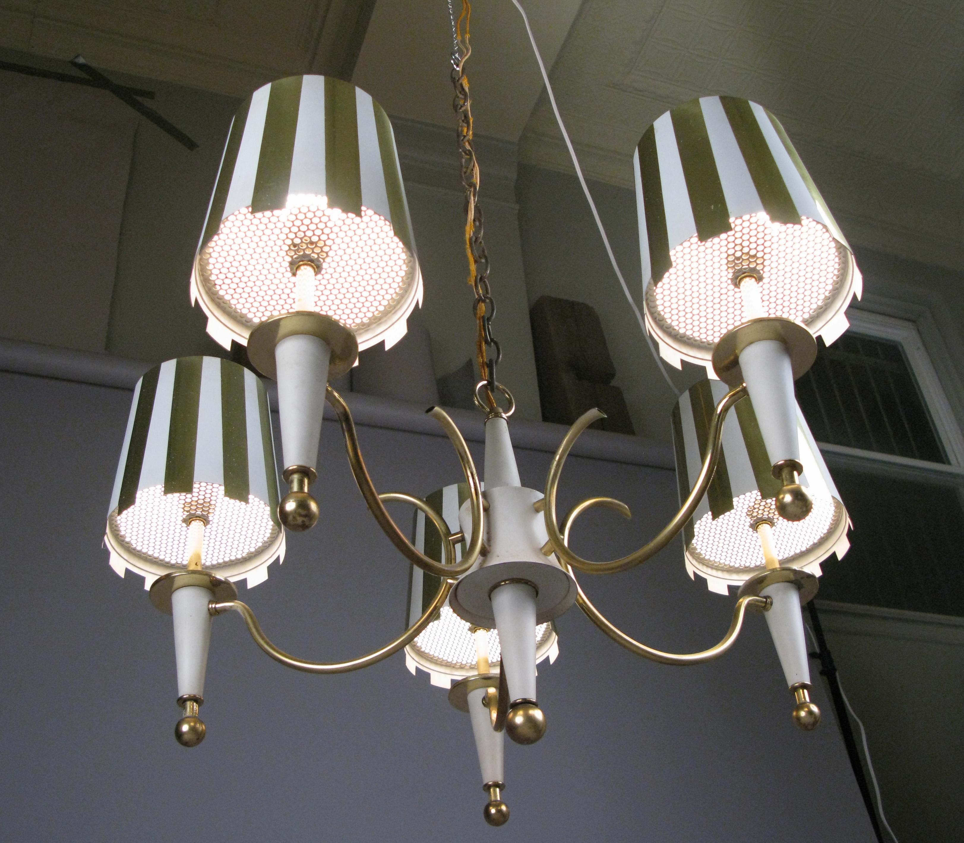 American Brass and White Lacquer Five-Light Chandelier