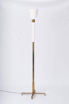 Brass, White Lacquered Steel & Opaline Floor Lamp - Germany 1970's