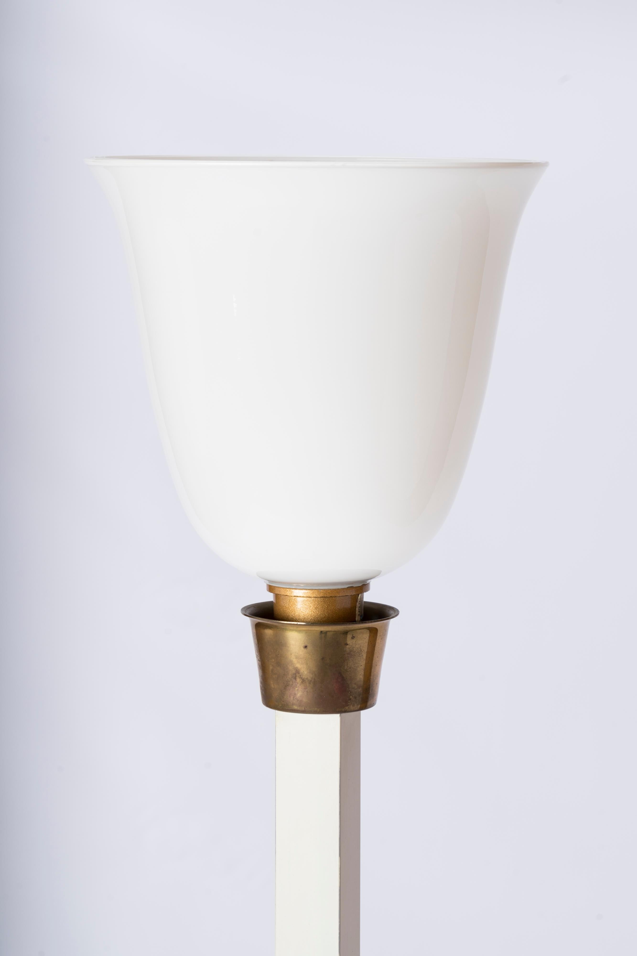 Brass, White Lacquered Steel & Opaline Floor Lamp - Germany 1970's For Sale 2