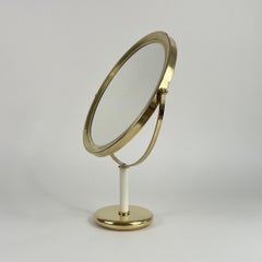Brass & White Leather Table Mirror, Sweden 1960s