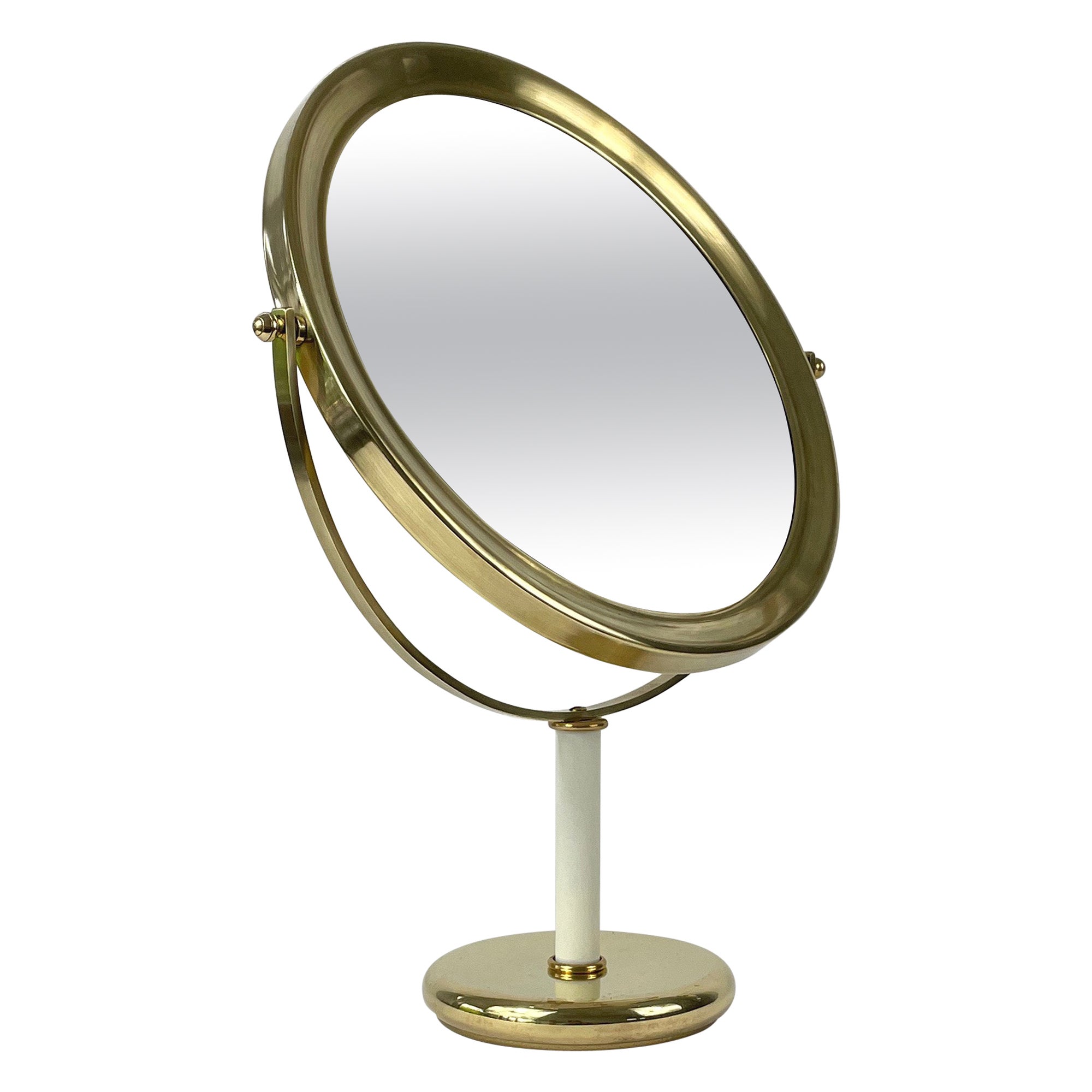 Brass & White Leather Table Mirror, Sweden 1960s