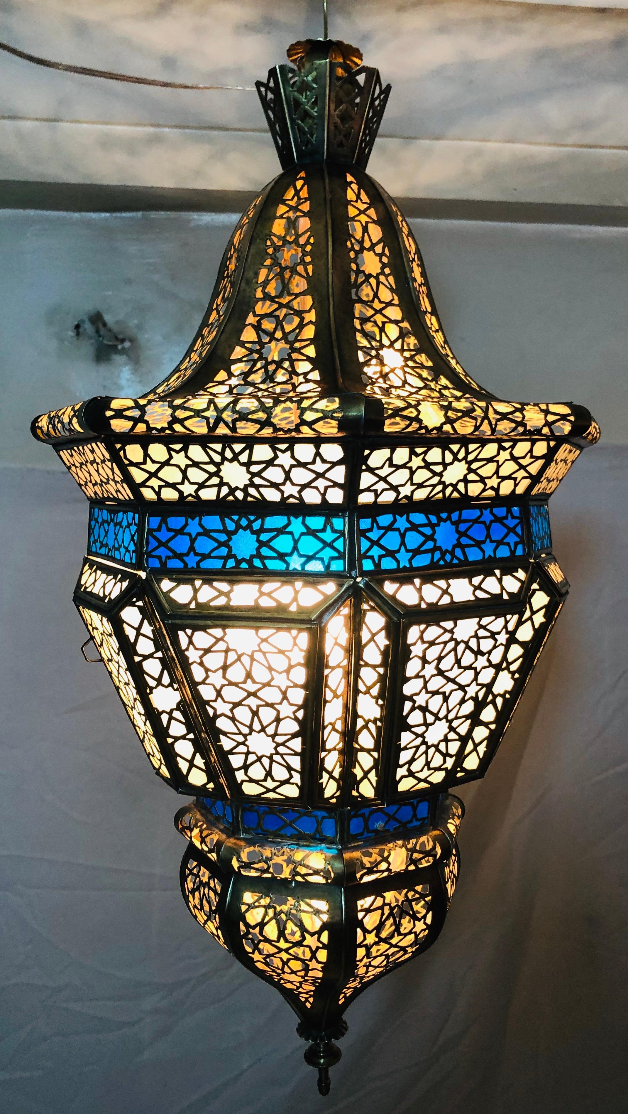 Brass, White Milk and Blue Glass Moroccan Lantern, Chandelier, Pendant, Pair 5