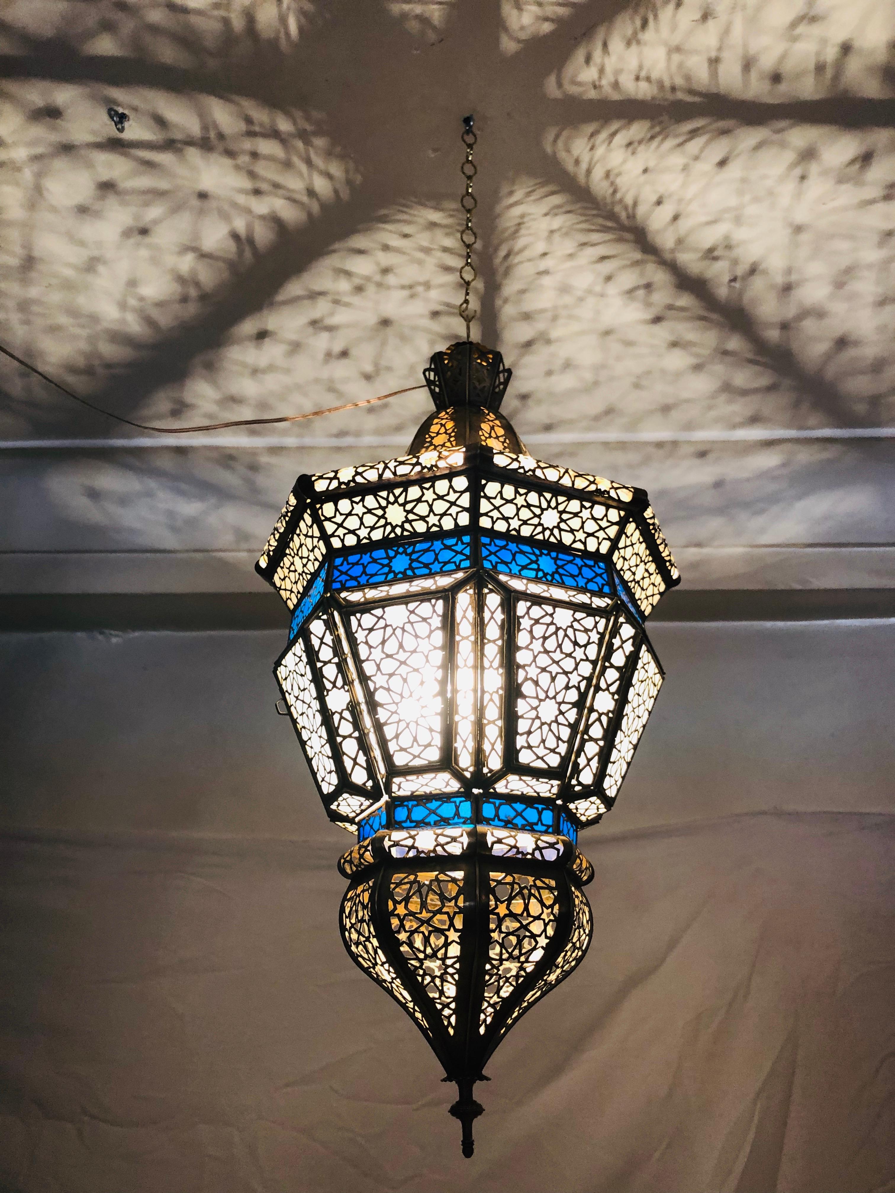 Brass, White Milk and Blue Glass Moroccan Lantern, Chandelier, Pendant, Pair 7