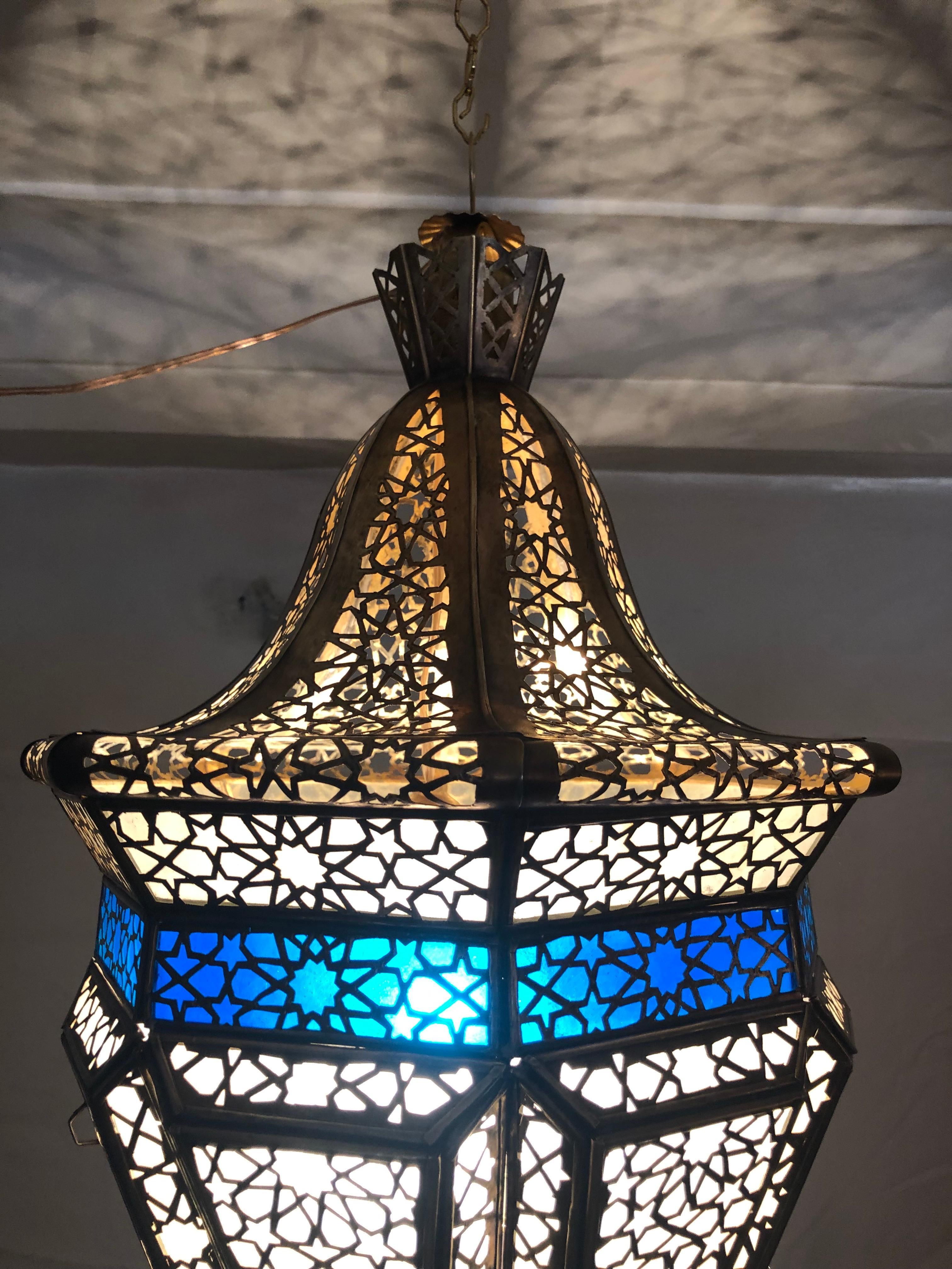 Brass, White Milk and Blue Glass Moroccan Lantern, Chandelier, Pendant, Pair 8