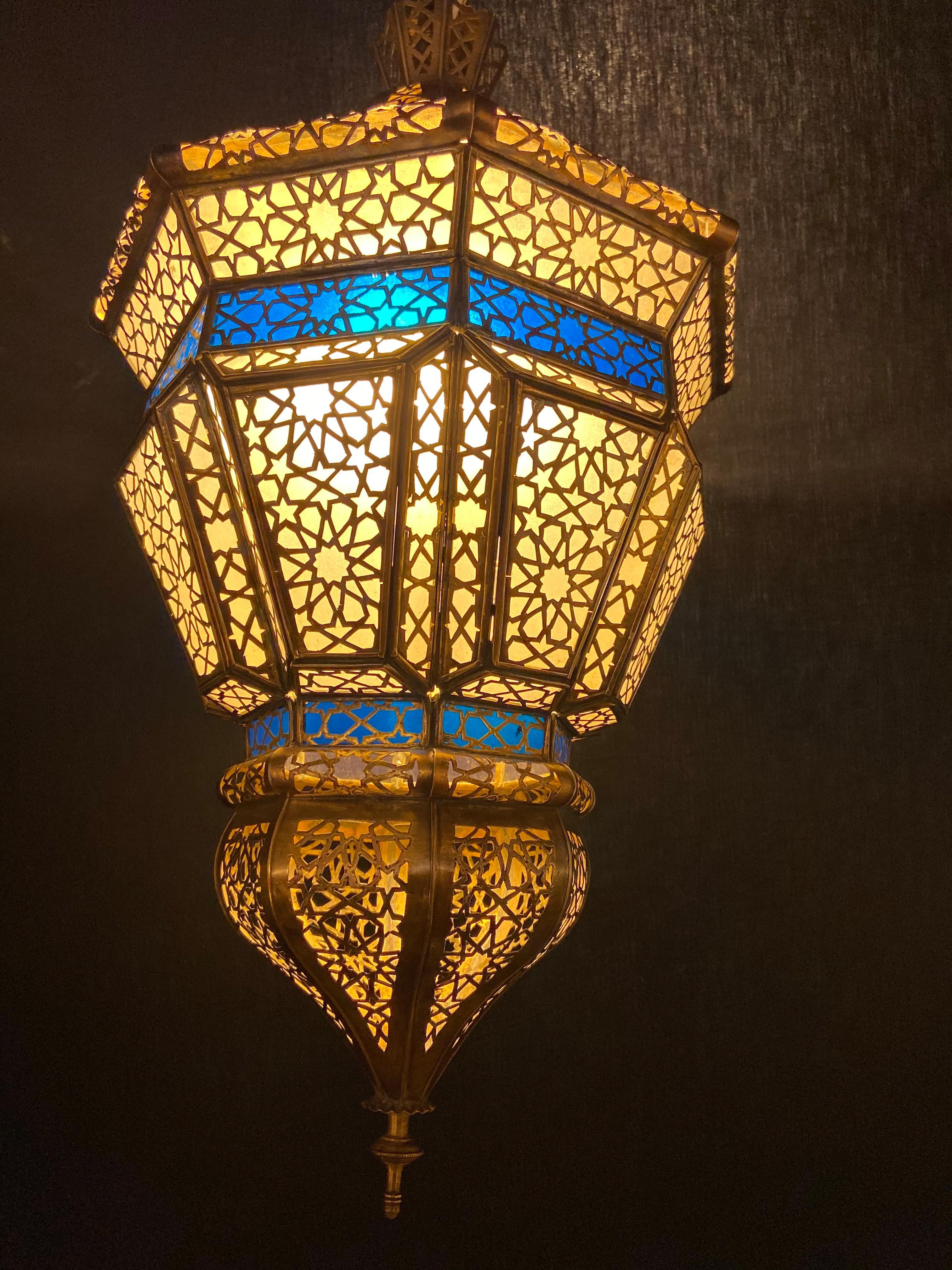 Brass, White Milk and Blue Glass Moroccan Lantern, Chandelier, Pendant, Pair 10