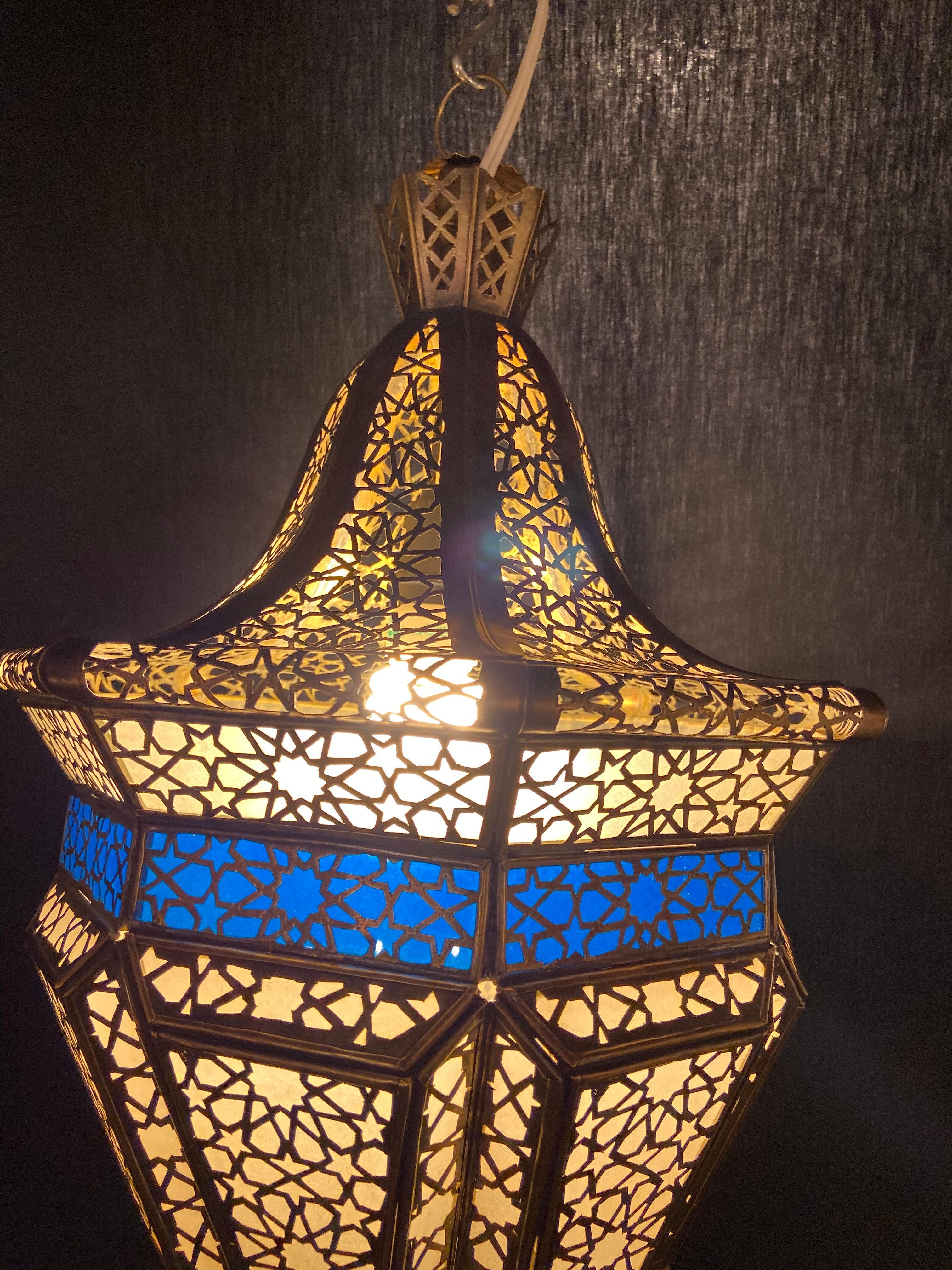 Brass, White Milk and Blue Glass Moroccan Lantern, Chandelier, Pendant, Pair 11