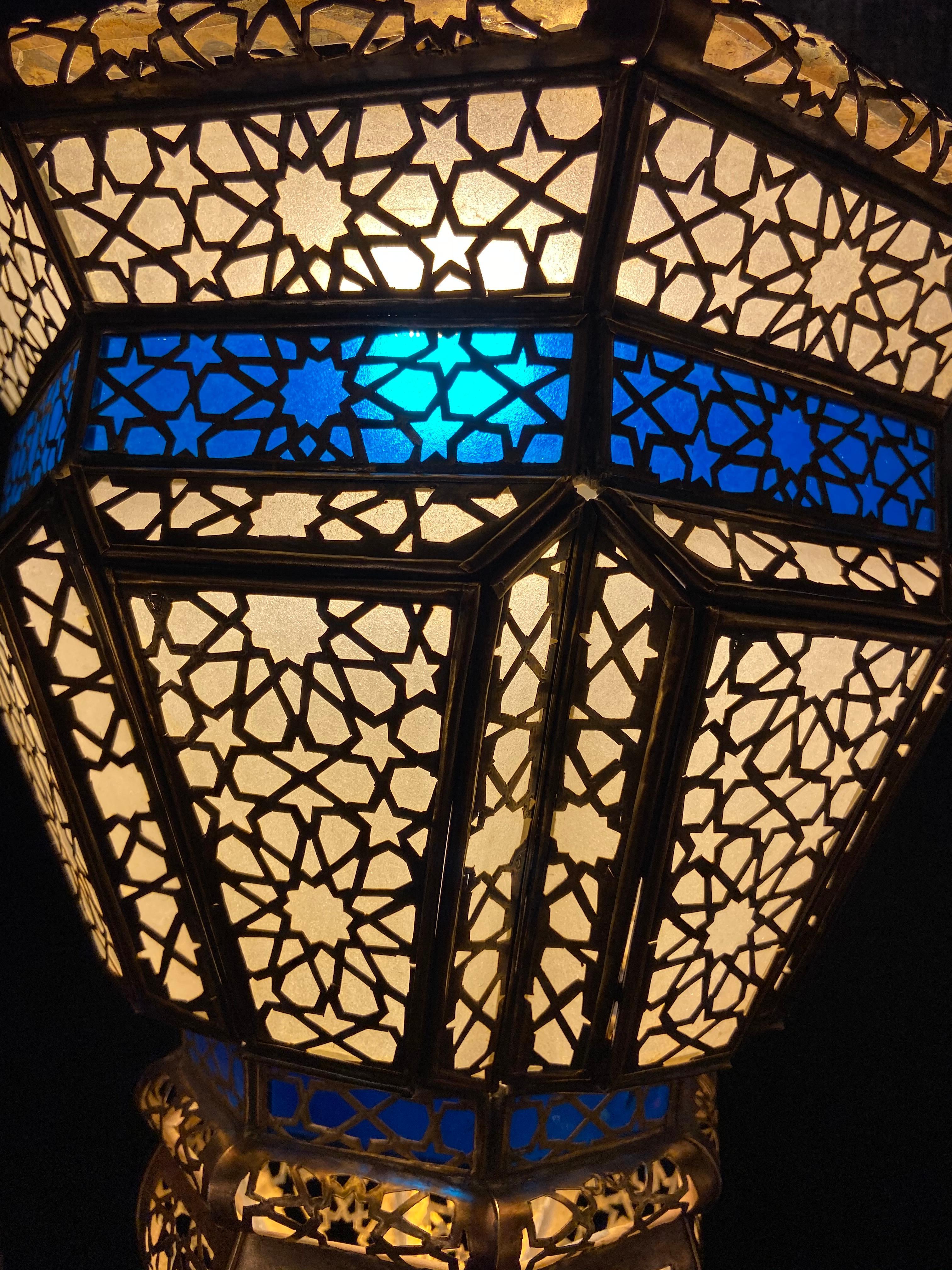Brass, White Milk and Blue Glass Moroccan Lantern, Chandelier, Pendant, Pair 12