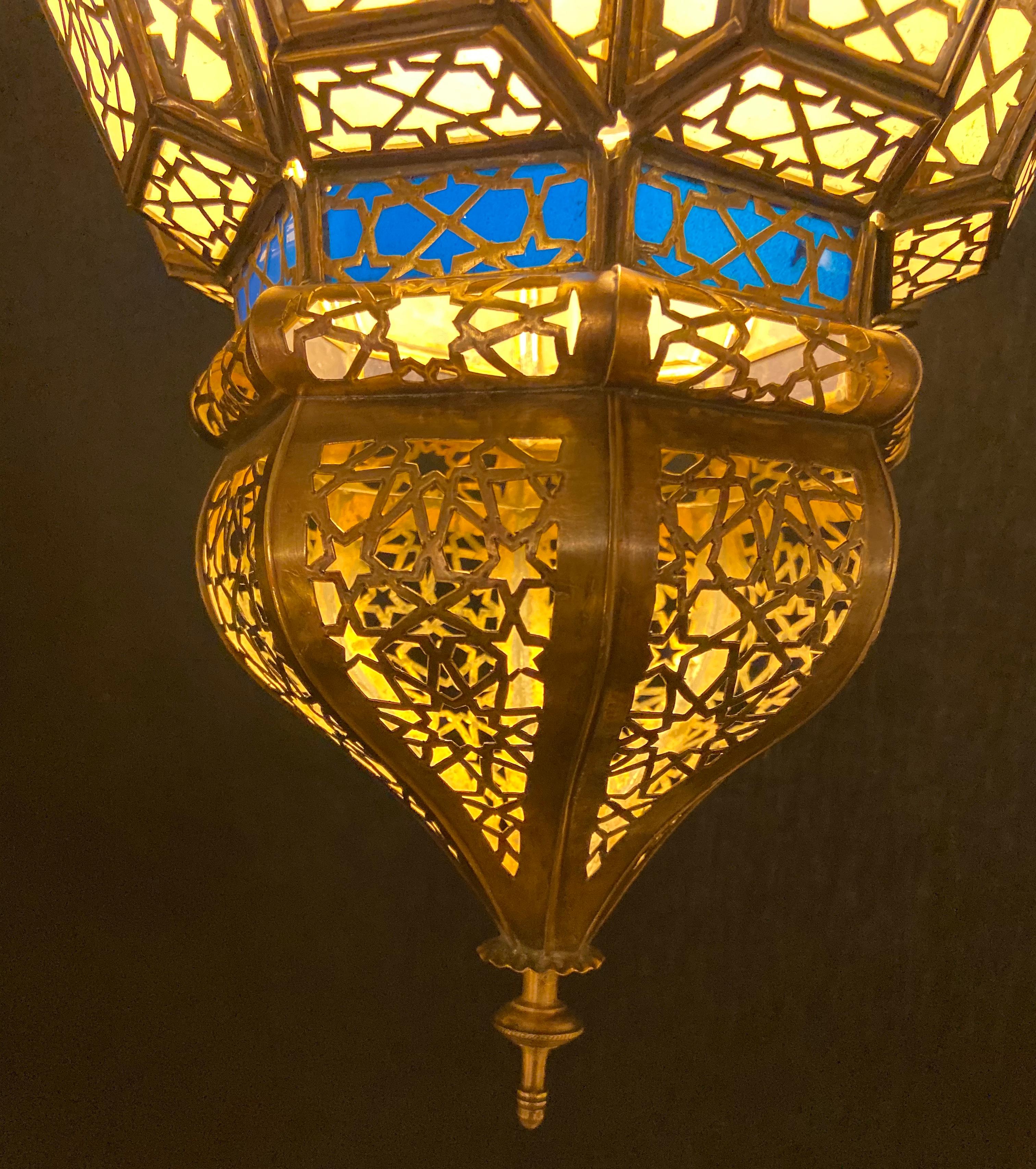 Brass, White Milk and Blue Glass Moroccan Lantern, Chandelier, Pendant, Pair 13