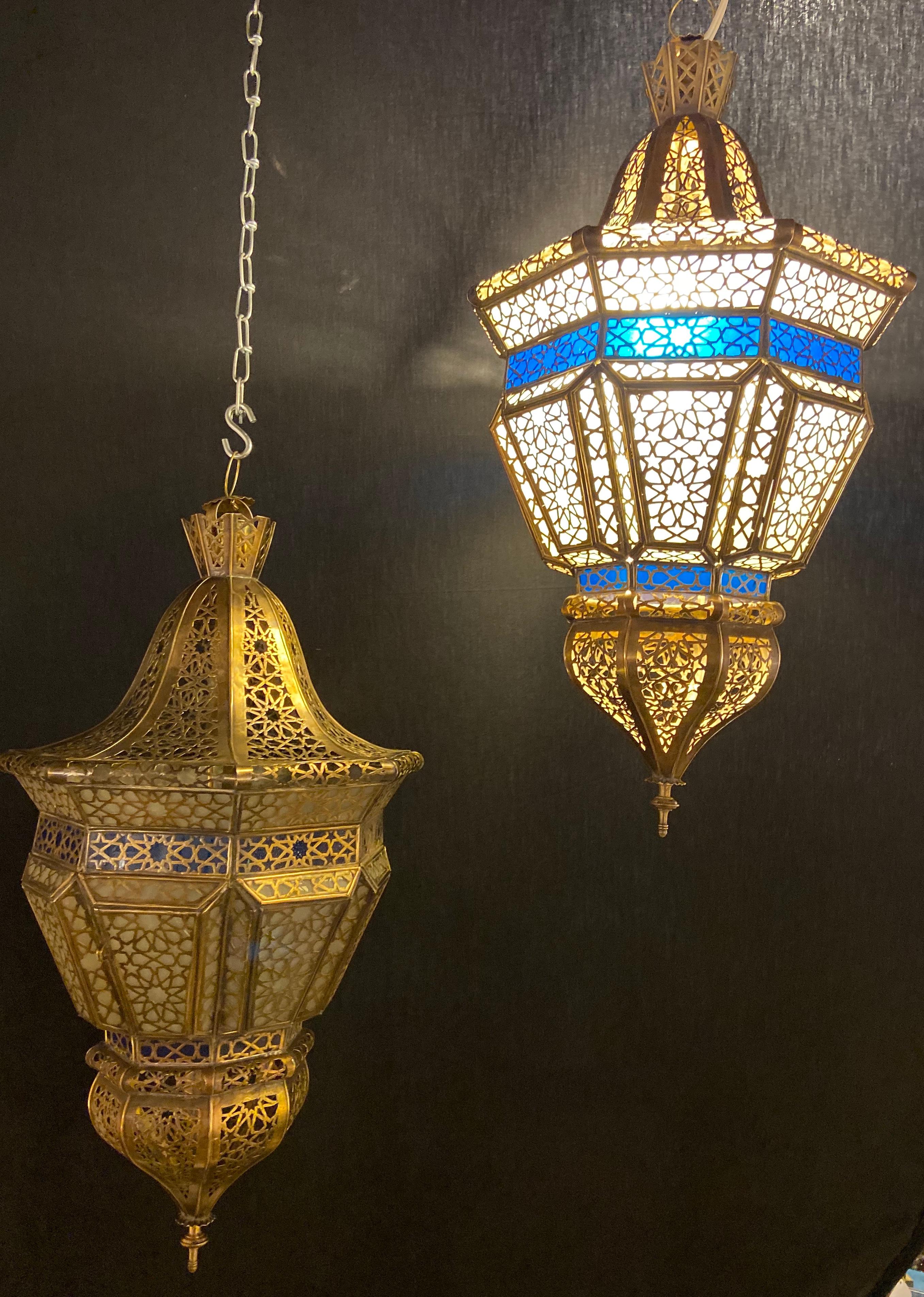 Brass, White Milk and Blue Glass Moroccan Lantern, Chandelier, Pendant, Pair 14