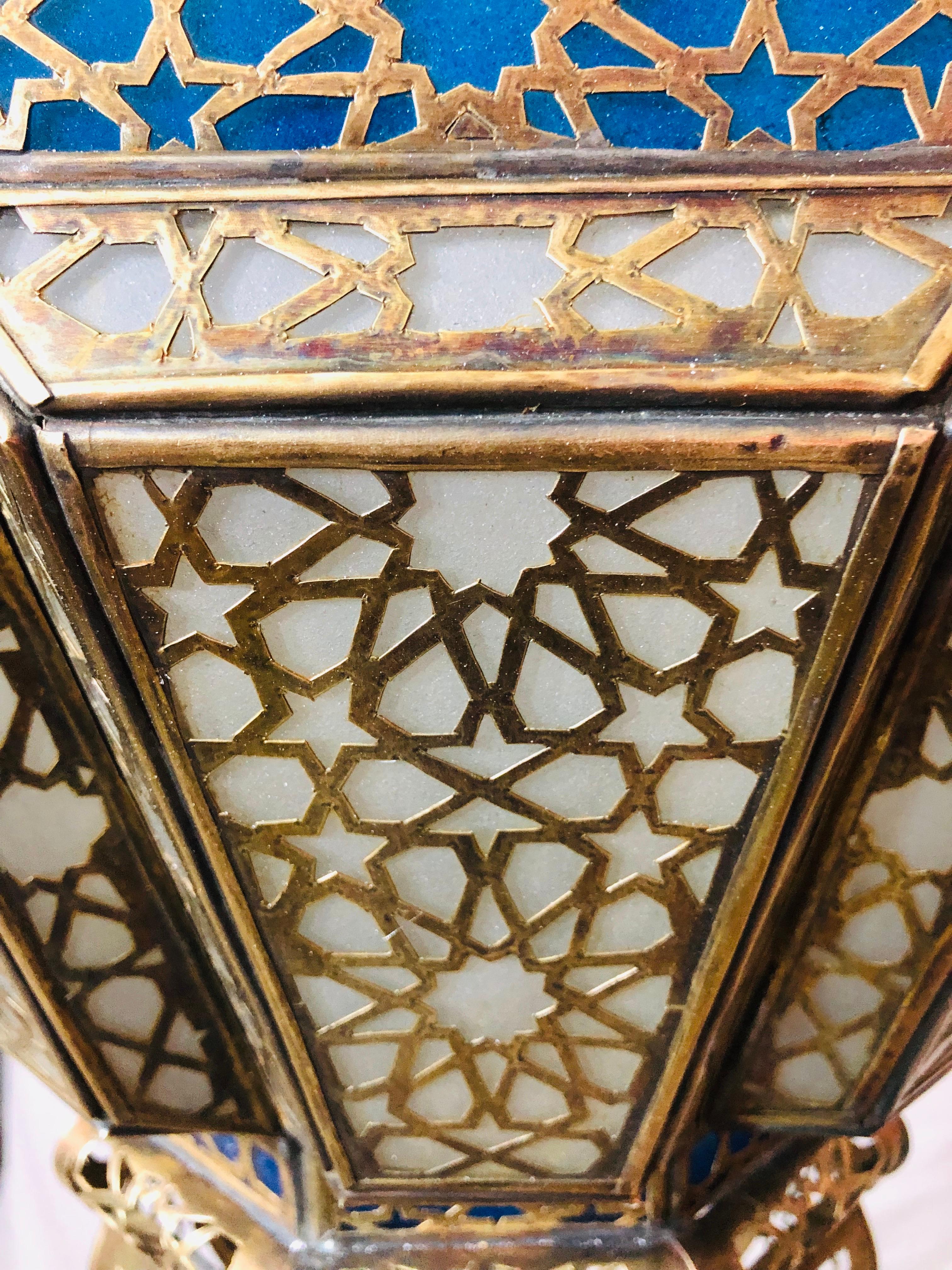Moorish Brass, White Milk and Blue Glass Moroccan Lantern, Chandelier, Pendant, Pair