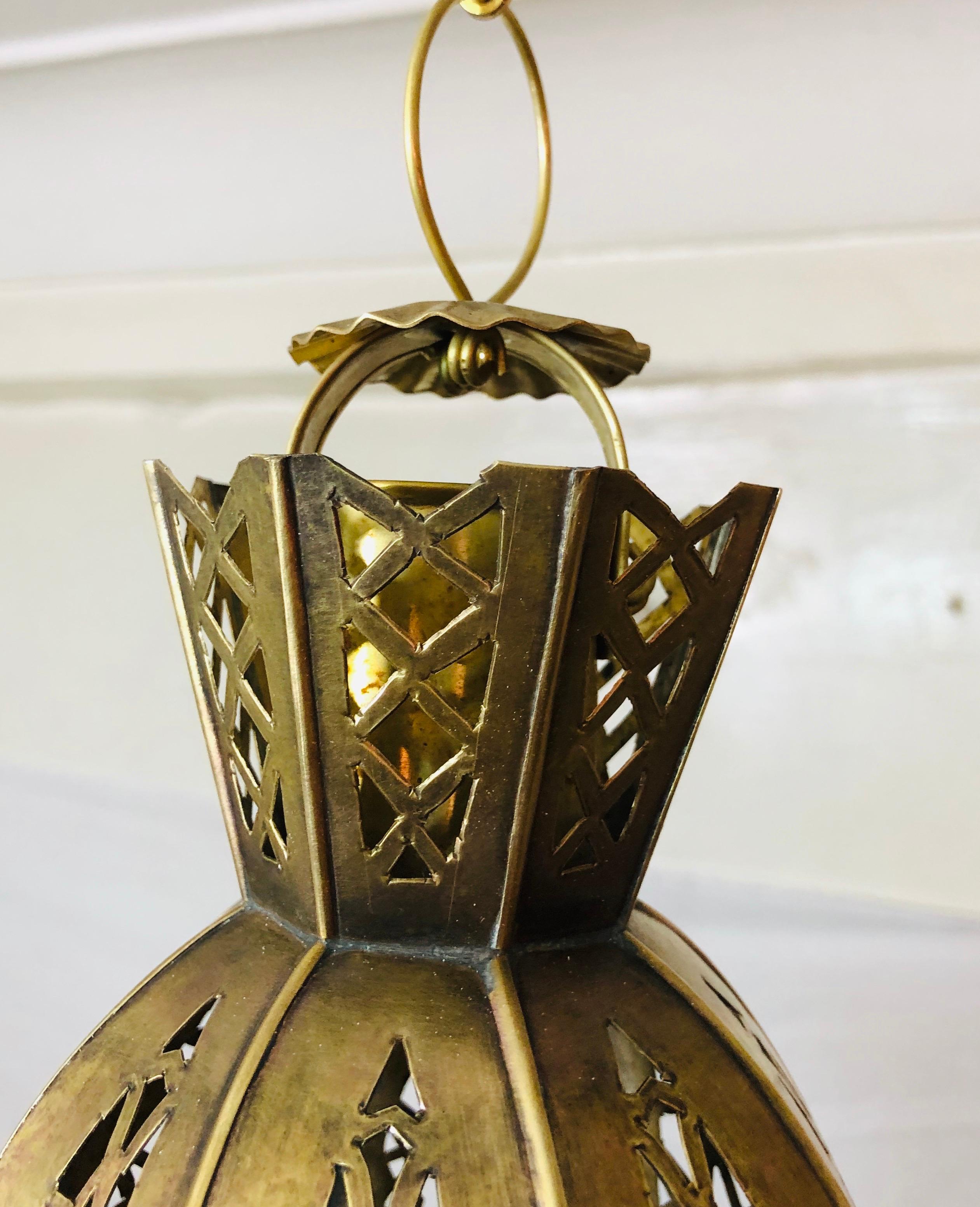 Brass, White Milk and Blue Glass Moroccan Lantern, Chandelier, Pendant, Pair In Good Condition In Plainview, NY