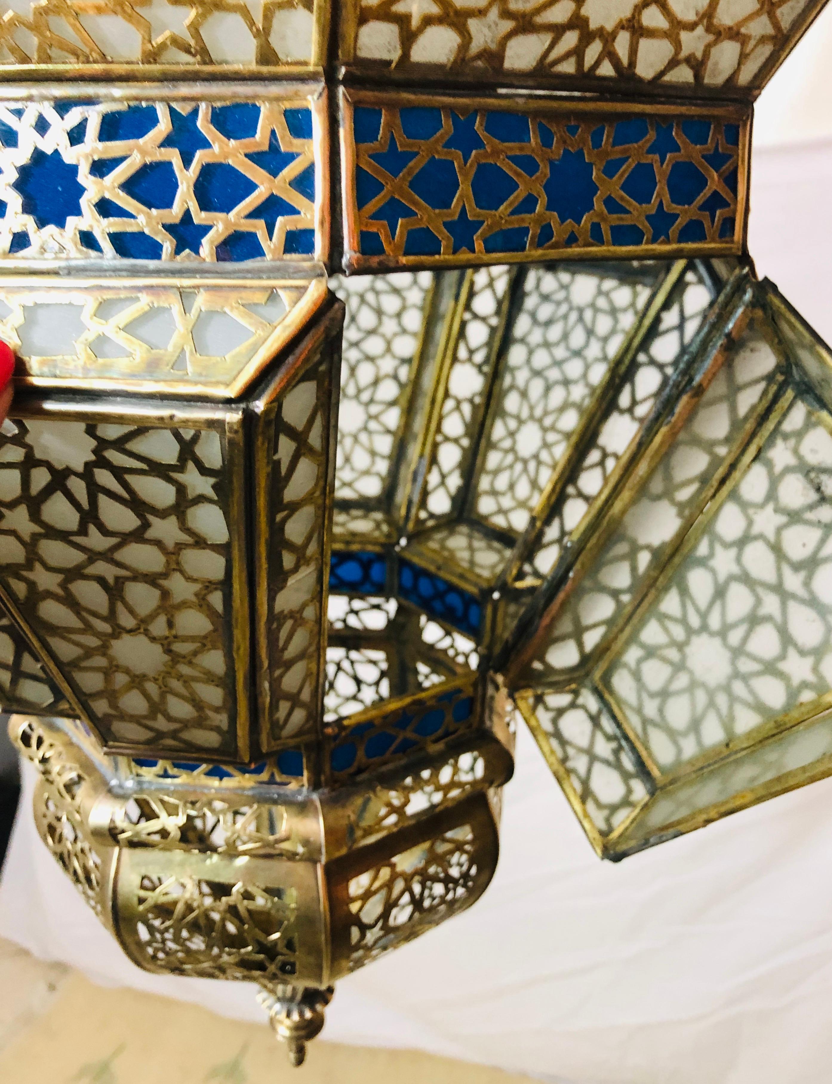 Late 20th Century Brass, White Milk and Blue Glass Moroccan Lantern, Chandelier, Pendant, Pair