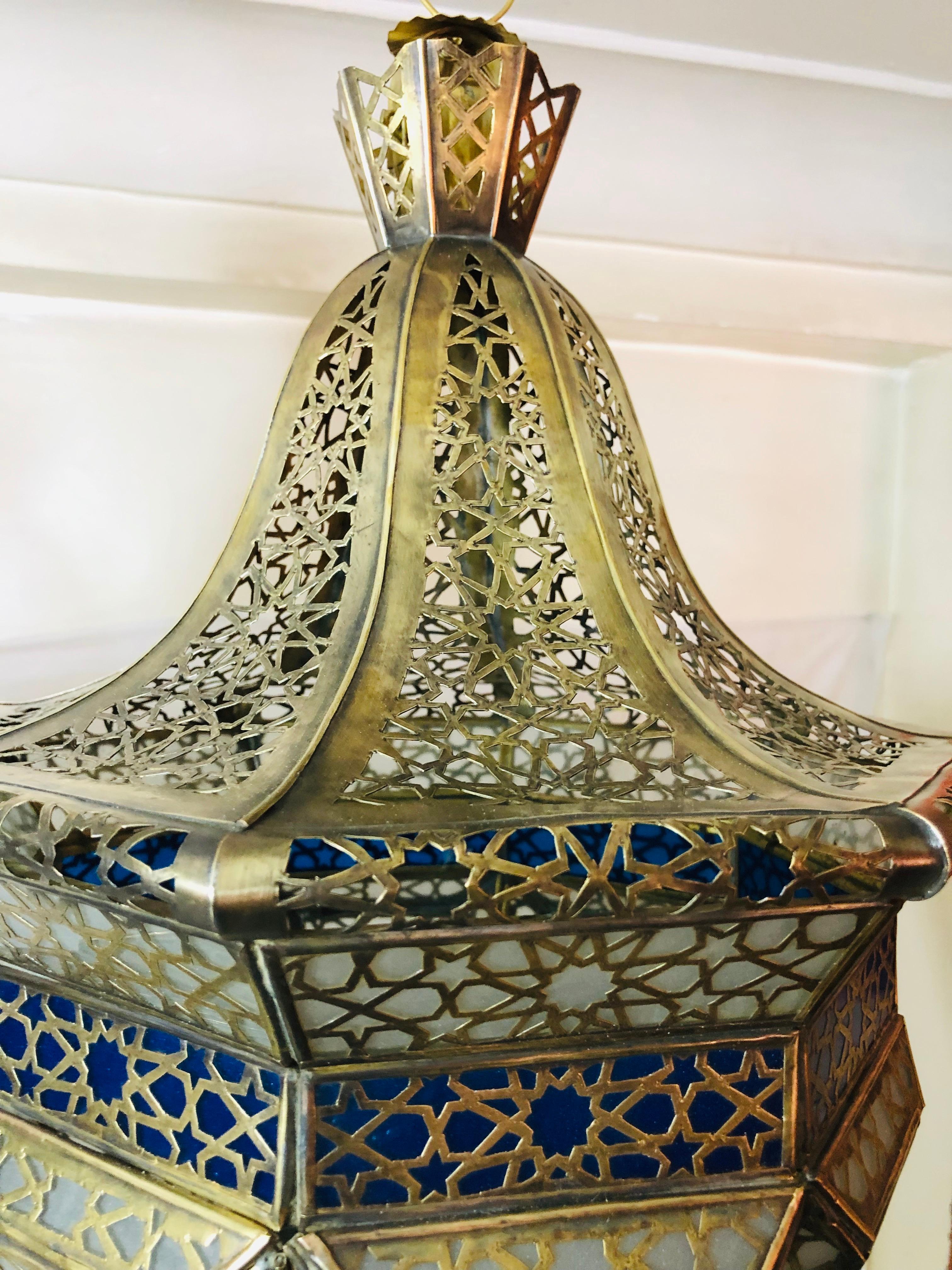 Brass, White Milk and Blue Glass Moroccan Lantern, Chandelier, Pendant, Pair 1