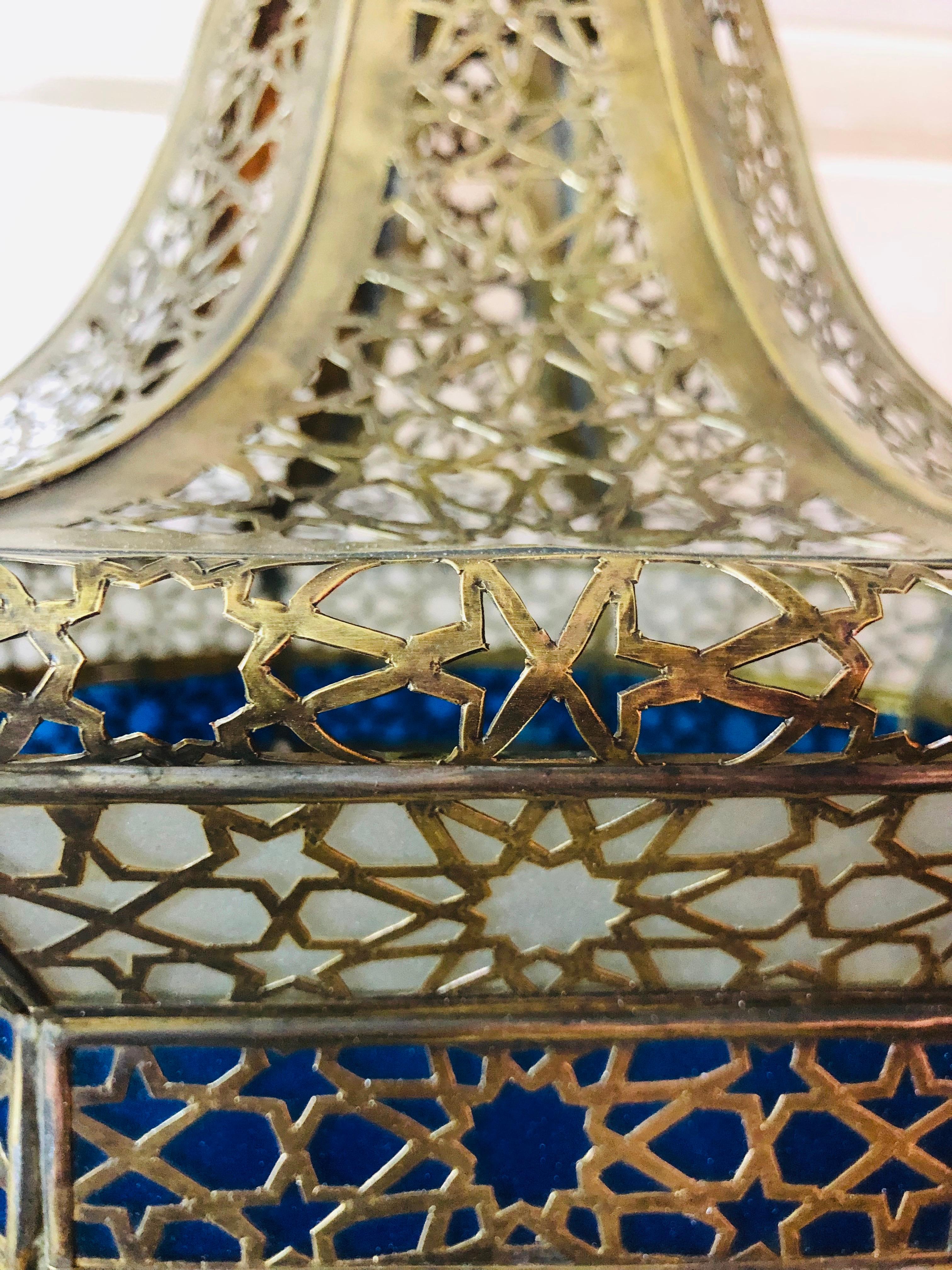 Brass, White Milk and Blue Glass Moroccan Lantern, Chandelier, Pendant, Pair 2