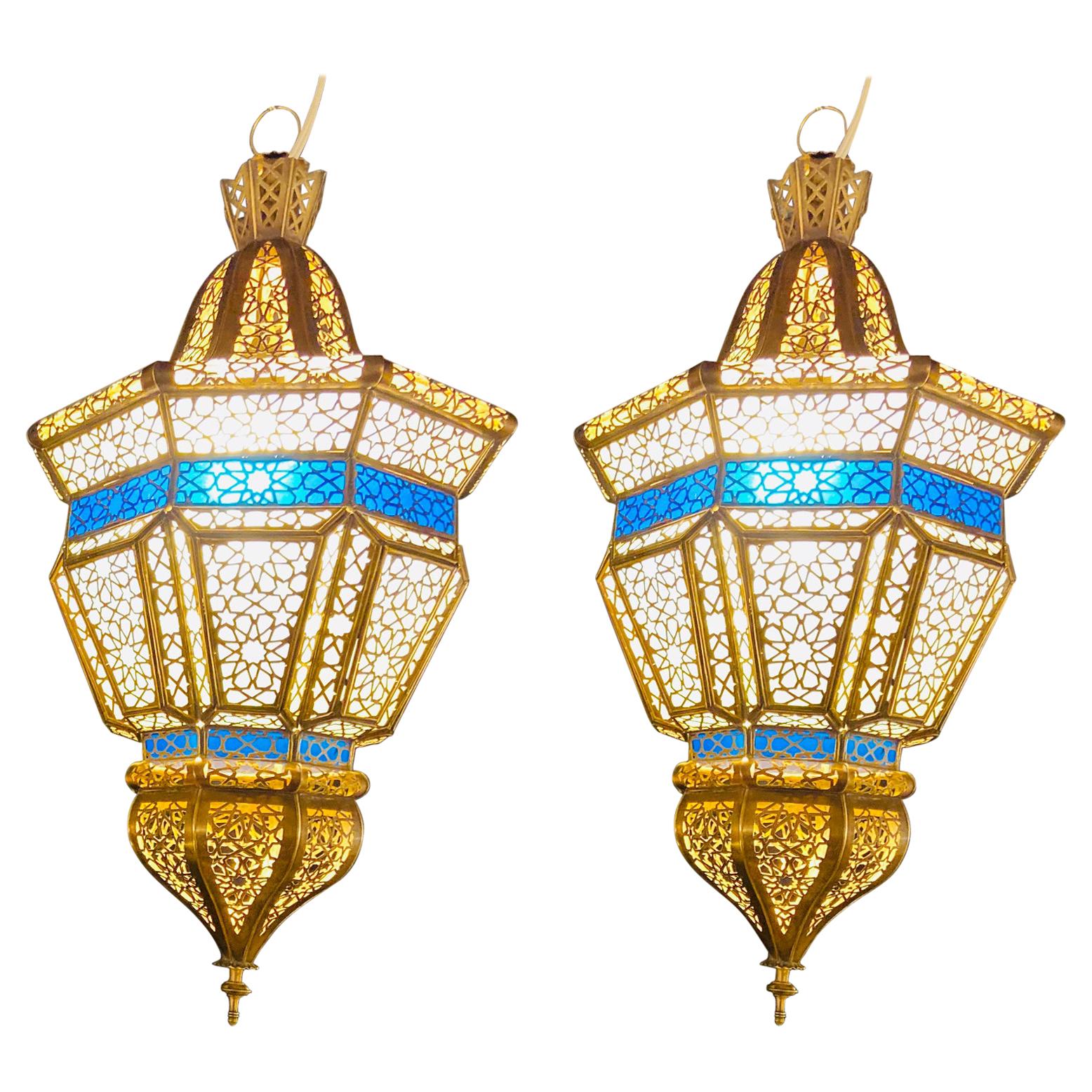 Brass, White Milk and Blue Glass Moroccan Lantern, Chandelier, Pendant, Pair