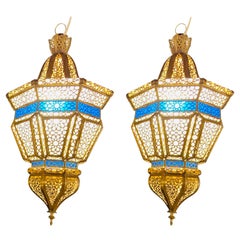 Vintage Brass, White Milk and Blue Glass Moroccan Lantern, Chandelier, Pendant, Pair