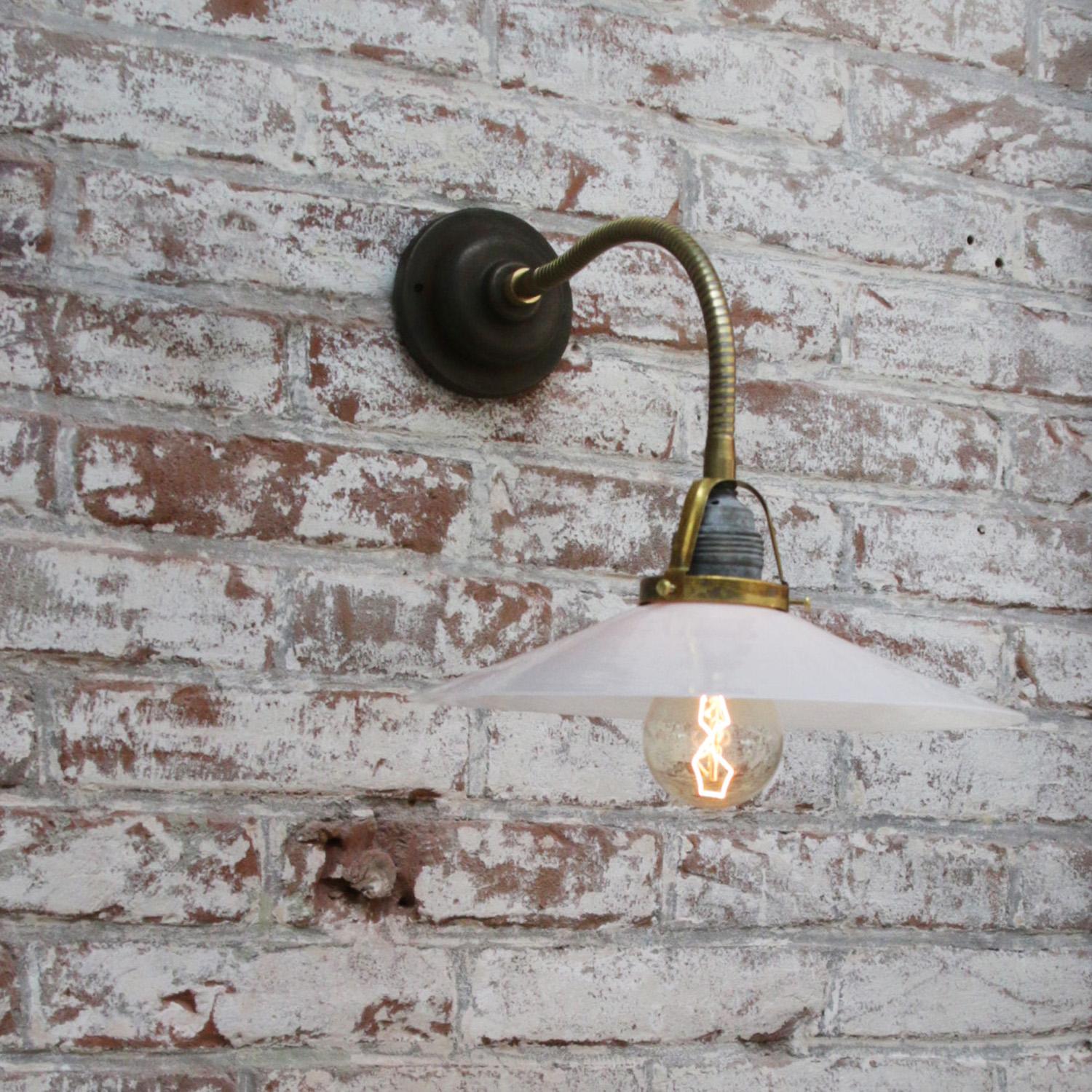 20th Century Brass White Opaline Glass Vintage Flexible Arm Wall Lights Scones For Sale