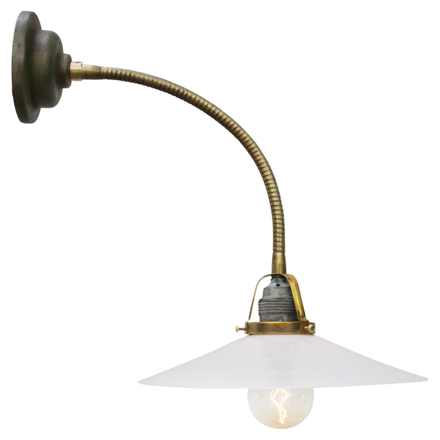 Brass White Opaline Glass Vintage Flexible Arm Wall Lights Scones For Sale