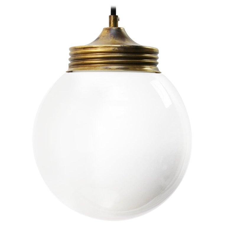 White industrial hanging lamp.
Brass and opaline glass.

Weight: 1.44 kg / 3.2 lb

Priced per individual item. All lamps have been made suitable by international standards for incandescent light bulbs, energy-efficient and LED bulbs. E26/E27