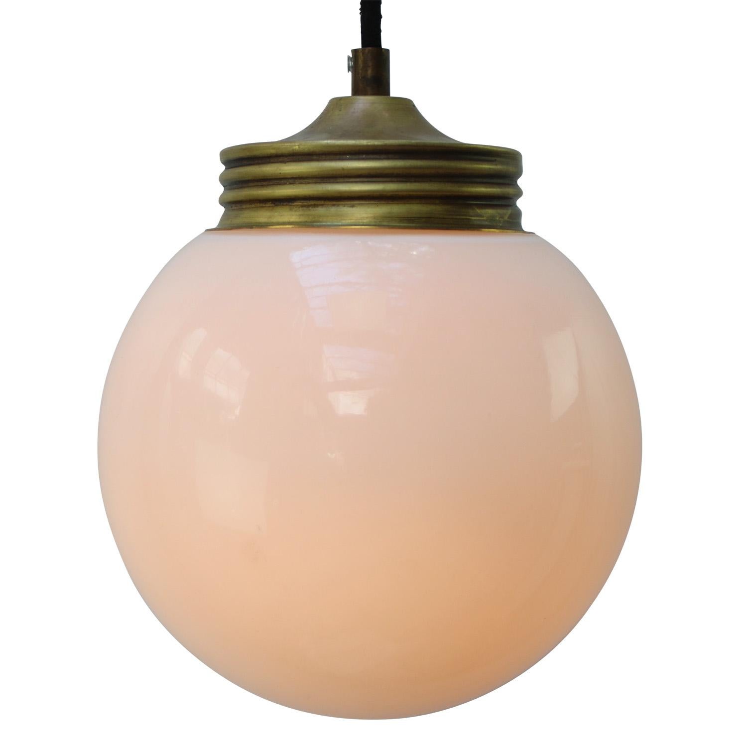 White industrial hanging lamp.
Brass and opaline glass.

Weight: 1.20 kg / 2.6 lb

Priced per individual item. All lamps have been made suitable by international standards for incandescent light bulbs, energy-efficient and LED bulbs. E26/E27 bulb
