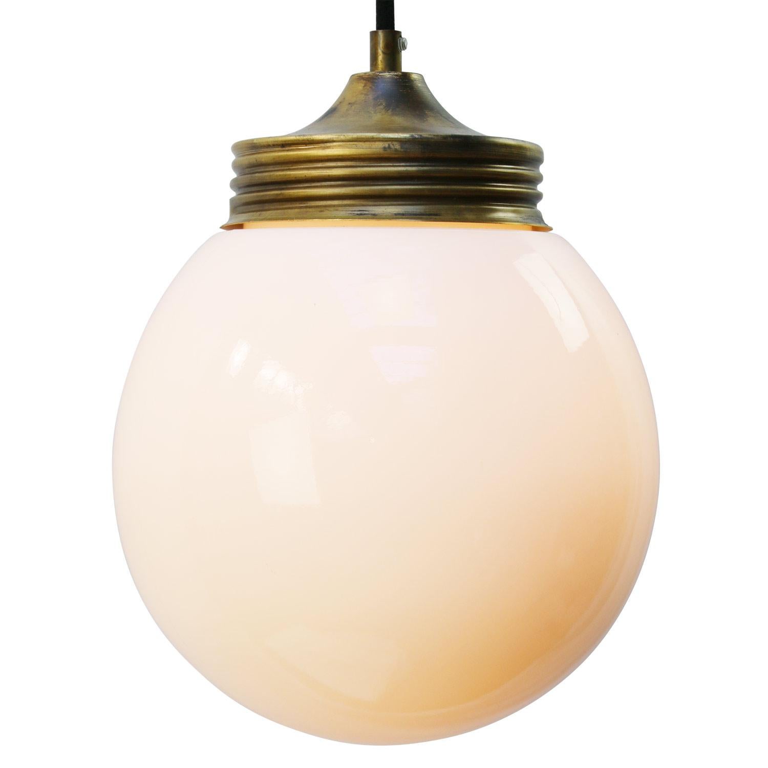 Dutch Brass White Opaline Milk Glass Vintage Industrial Pendant Lights For Sale