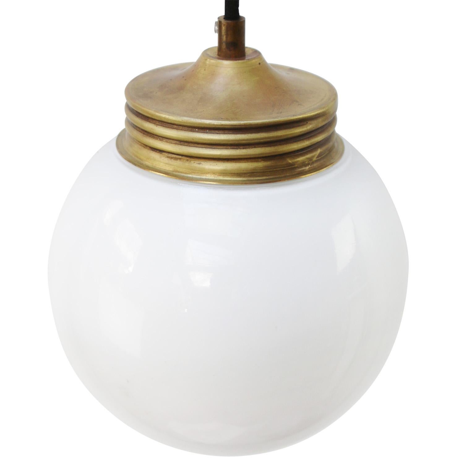 Mid-Century Modern Brass White Opaline Milk Glass Vintage Industrial Pendant Lights For Sale