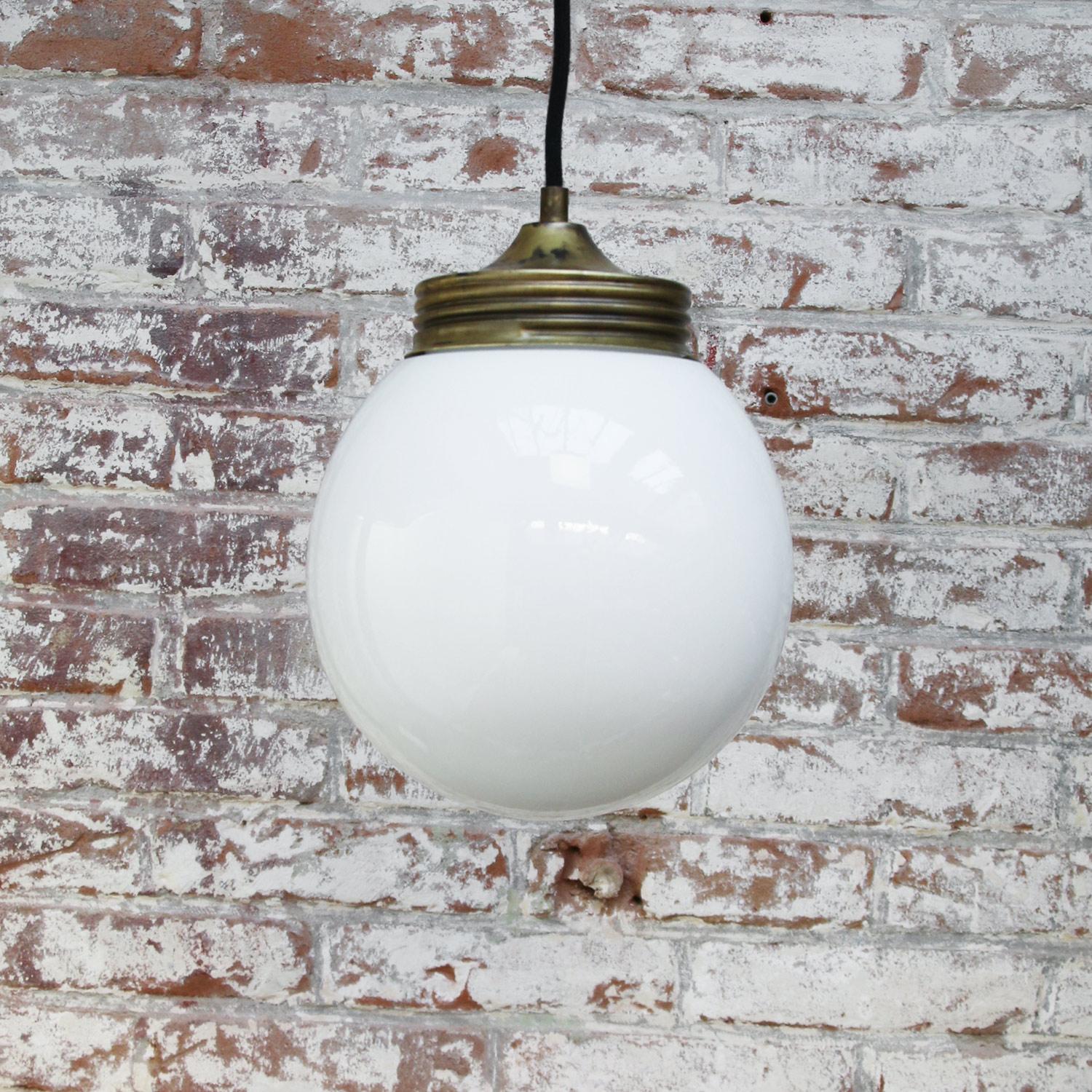 20th Century Brass White Opaline Milk Glass Vintage Industrial Pendant Lights