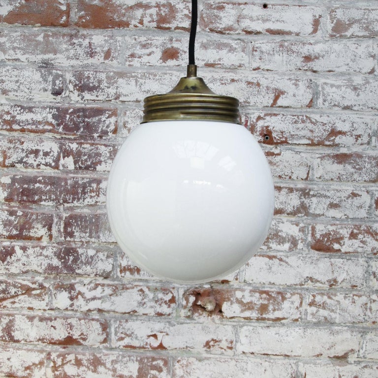 20th Century Brass White Opaline Milk Glass Vintage Industrial Pendant Lights For Sale