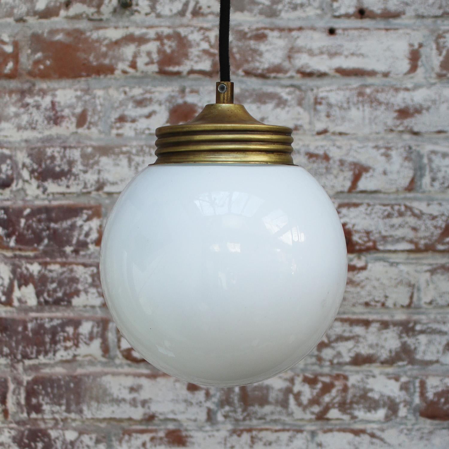 Brass White Opaline Milk Glass Vintage Industrial Pendant Lights In Good Condition For Sale In Amsterdam, NL