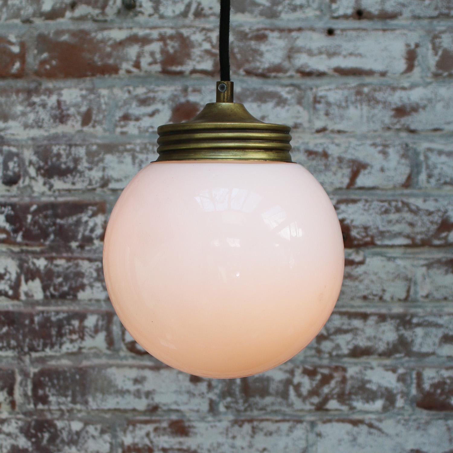 20th Century Brass White Opaline Milk Glass Vintage Industrial Pendant Lights For Sale