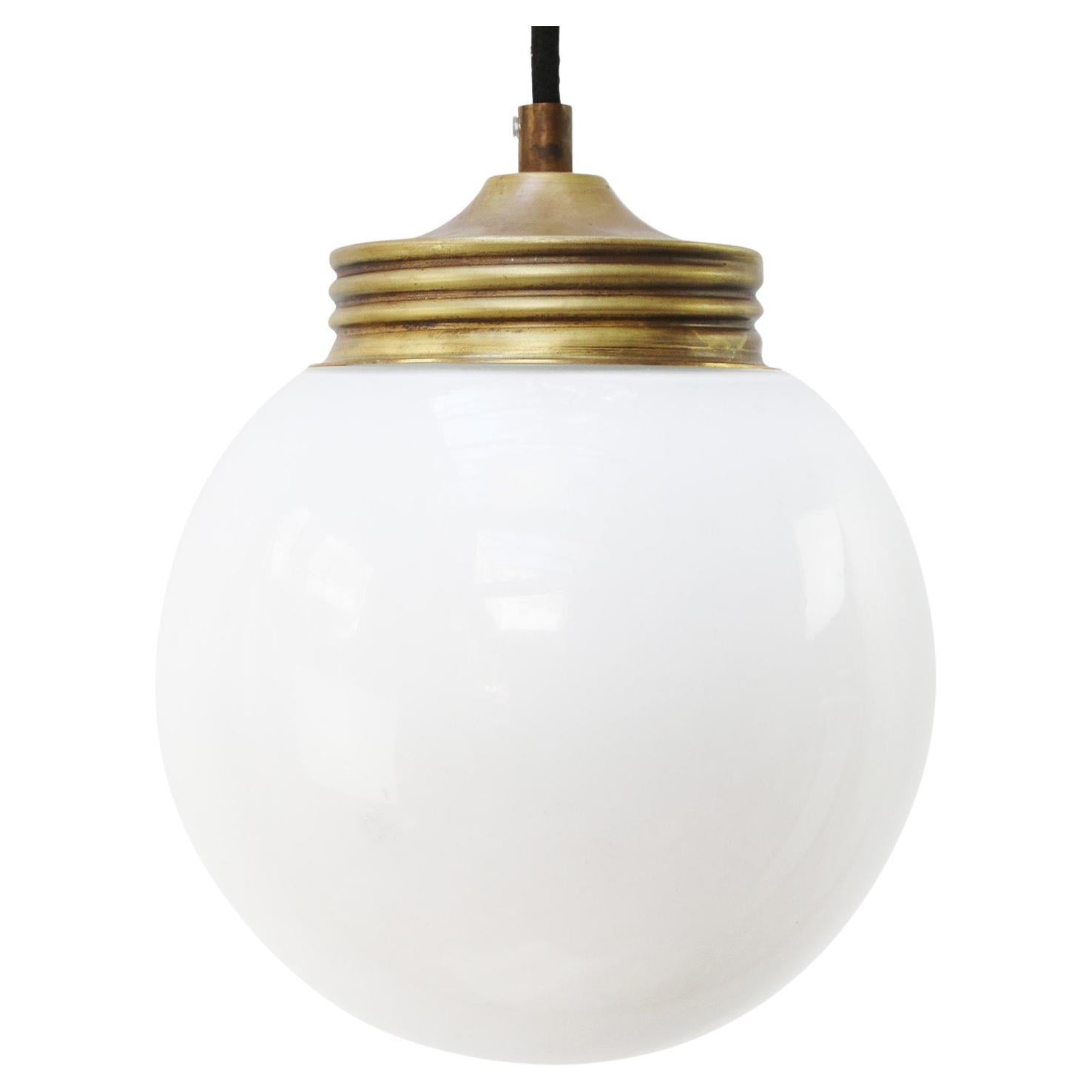 Brass White Opaline Milk Glass Vintage Industrial Pendant Lights For Sale