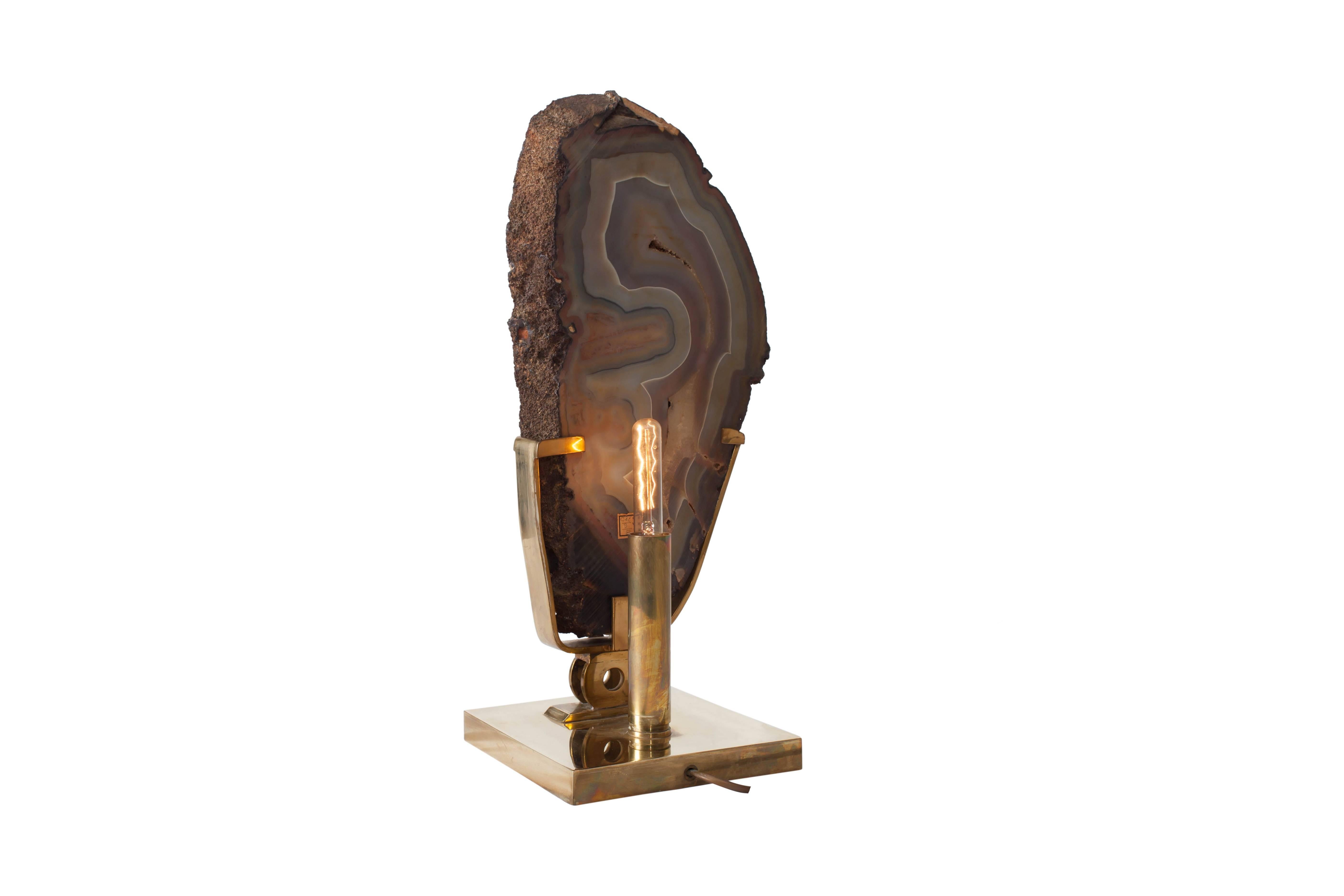 Mid-Century Modern Brass Willy Daro Table Lamp with Large Agate