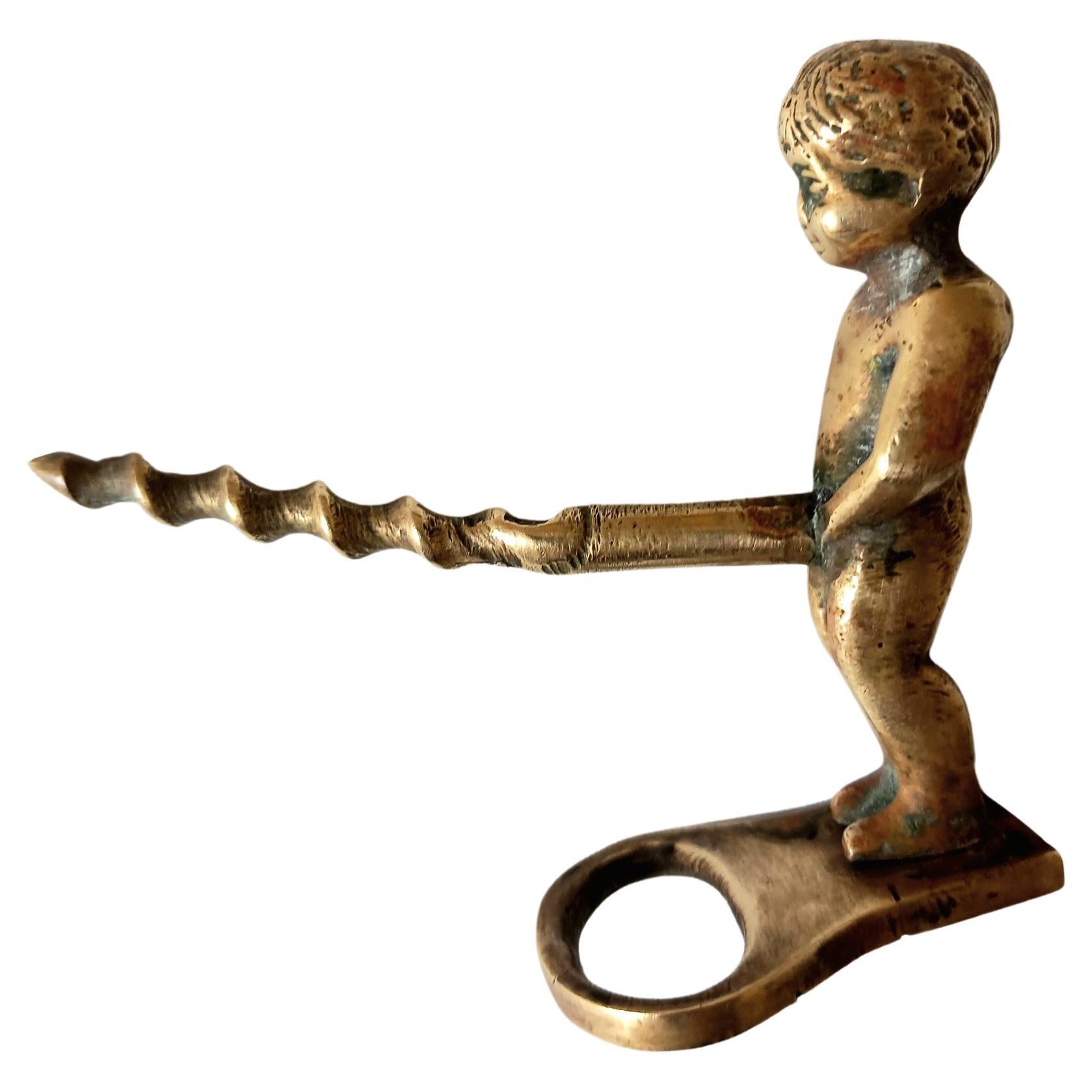 Brass Wine and Bottle CAP Opener Putto For Sale