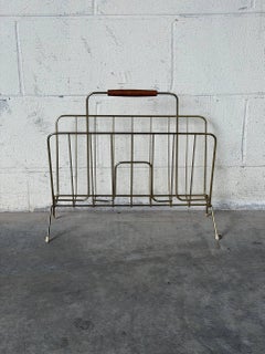 Brass Wire Magazine Holder with Wood Handle Mid-Century Modern 1960s