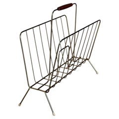 Brass Wire Magazine Holder with Wood Handle Mid-Century Modern 1960s