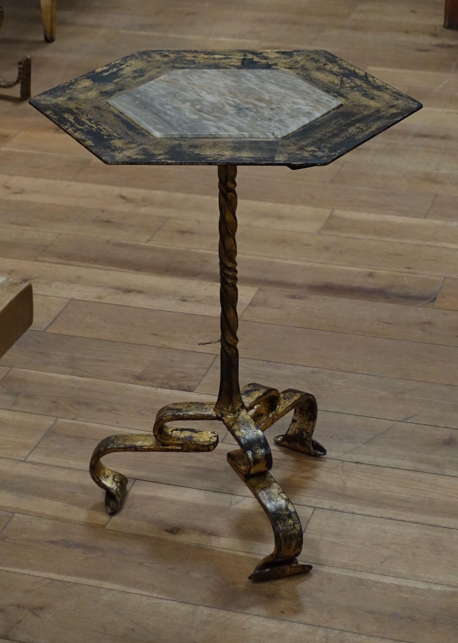 Brass with Inlay Marble Top Cocktail/Side Table, Spain, 1960s In Good Condition For Sale In New York, NY