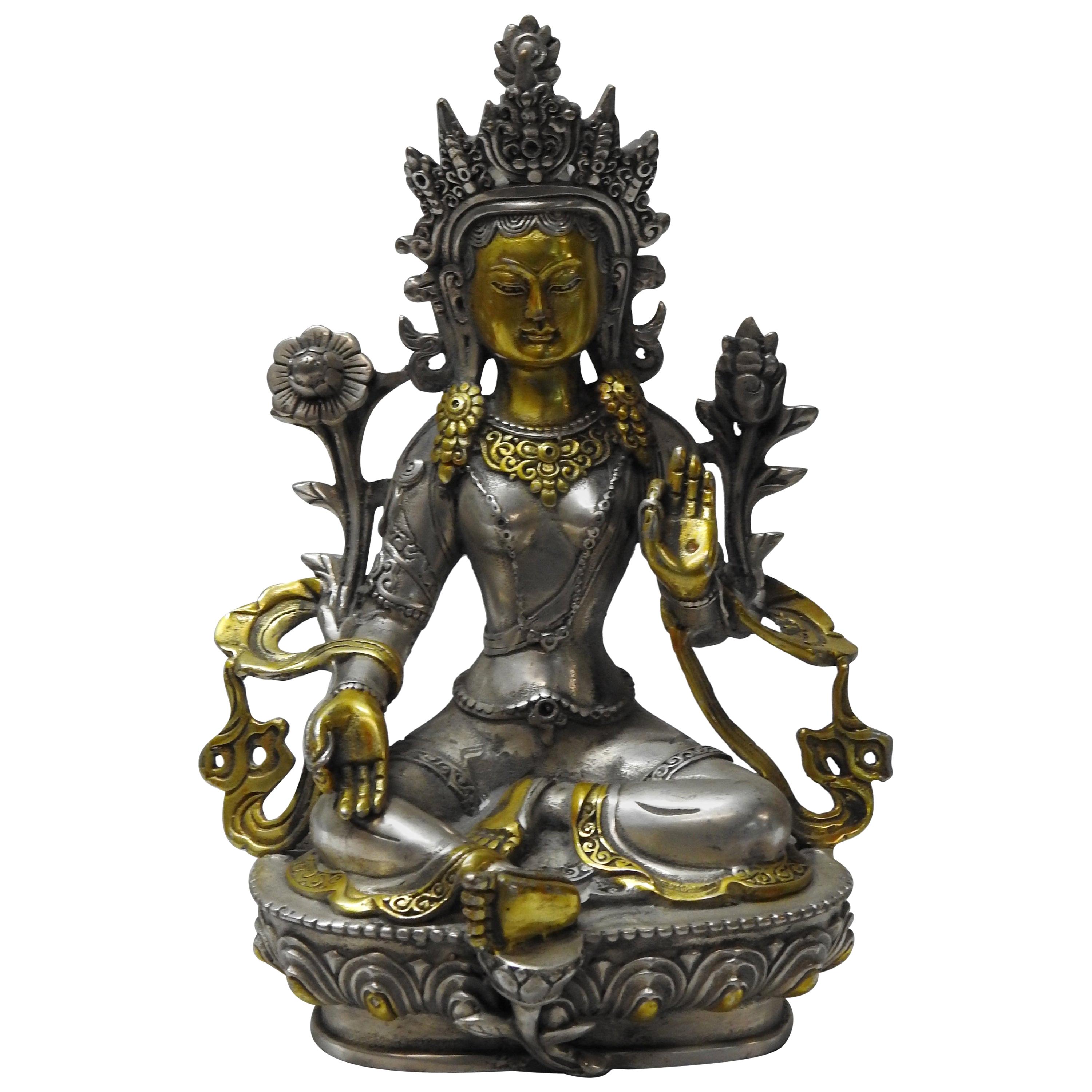 Brass with Silver Overlay Tara Goddess of Peace Sand Protection Statue
