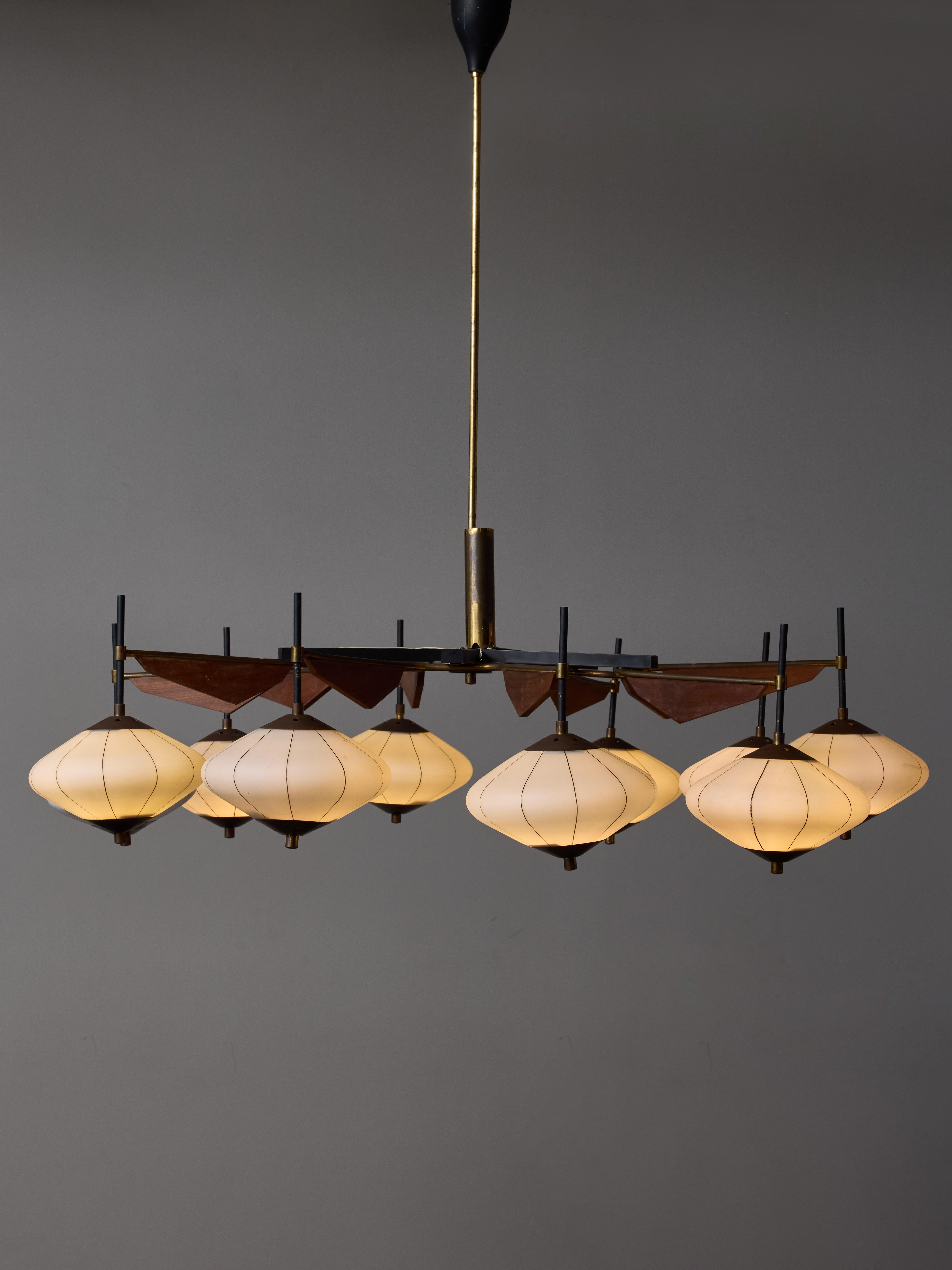 Mid-Century Modern Brass, Wood and Glass Lanterns Stilnovo Chandelier