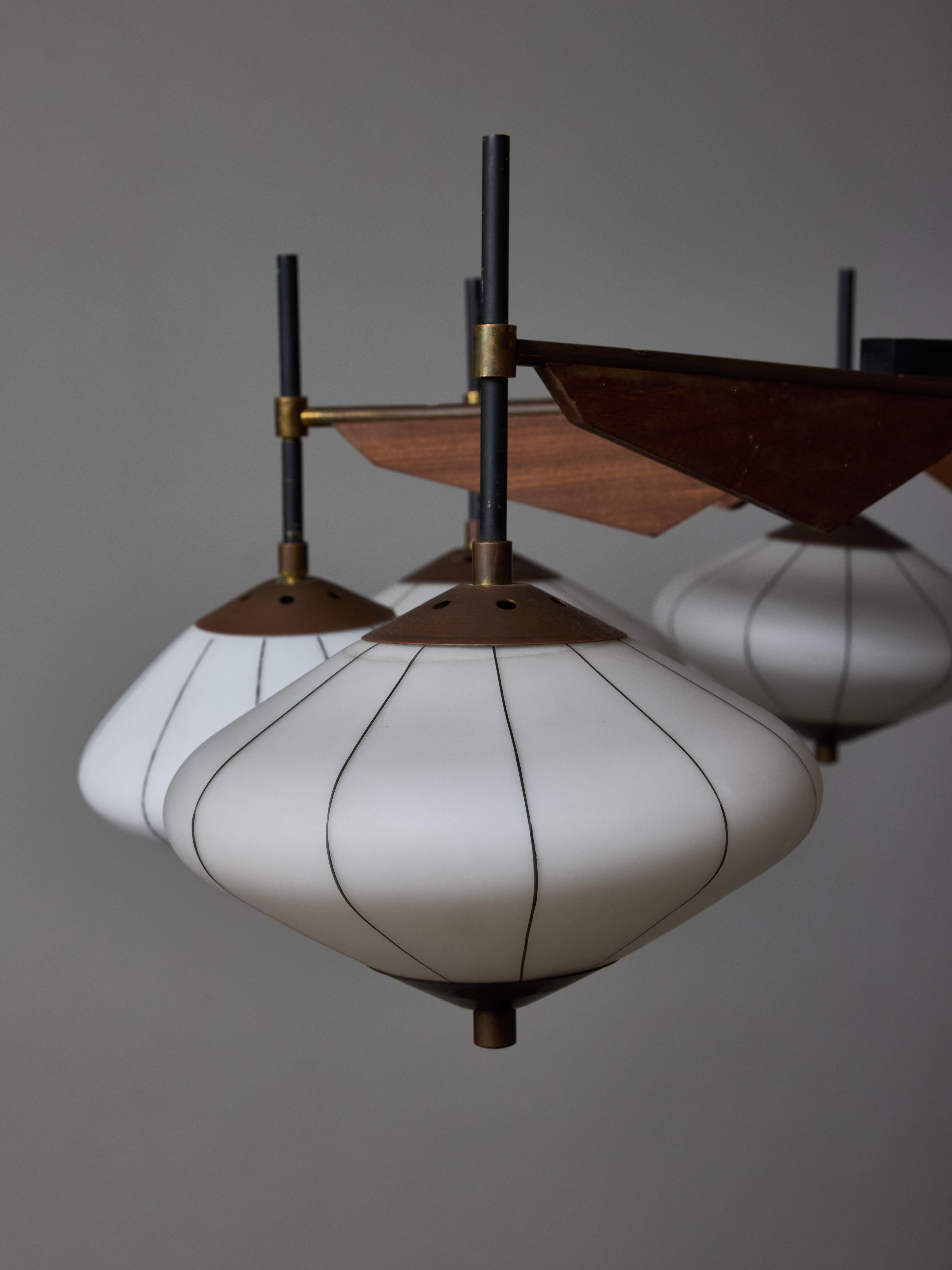 Italian Brass, Wood and Glass Lanterns Stilnovo Chandelier