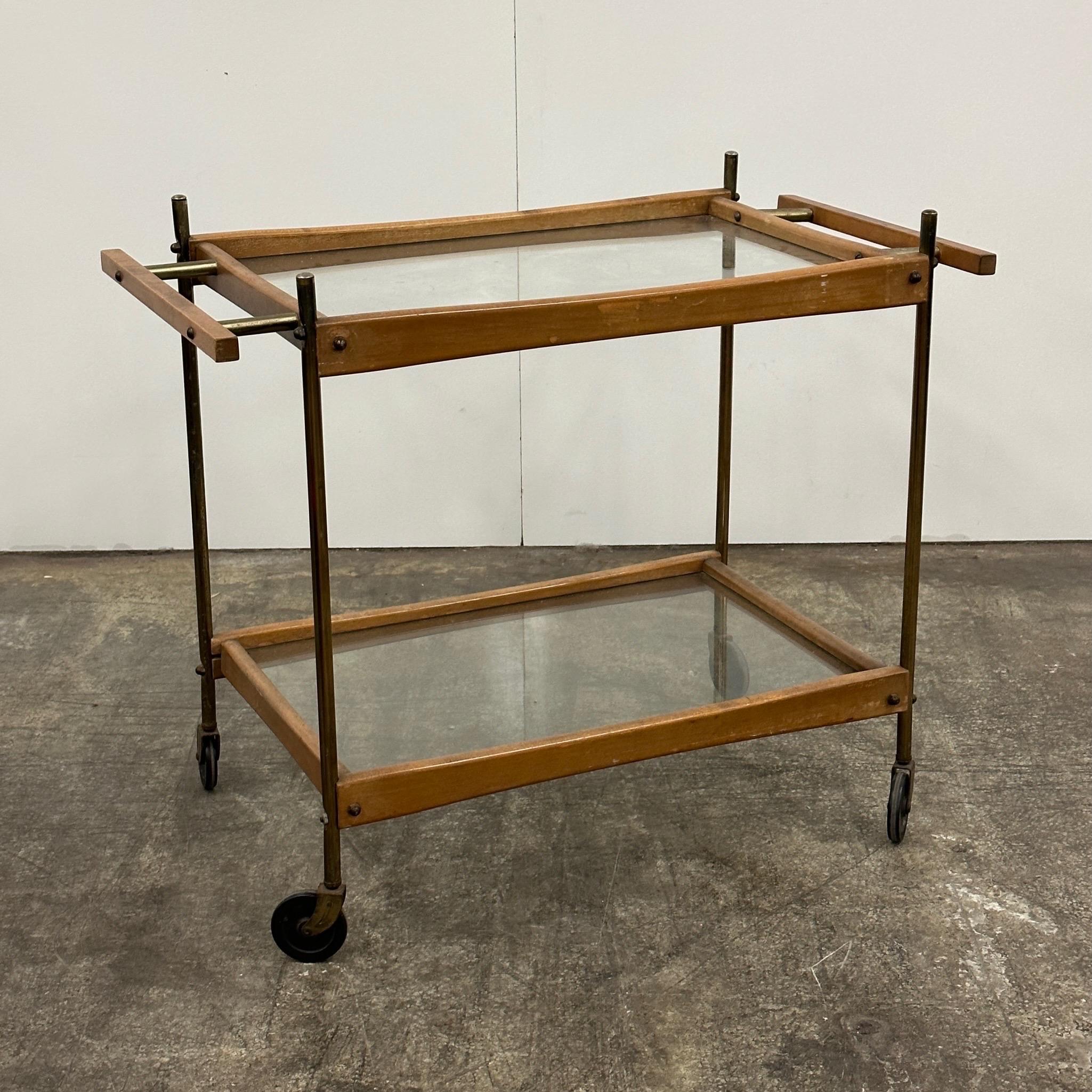 Brass/Wood Bar Cart in the Style of Paul McCobb In Fair Condition In Chicago, IL