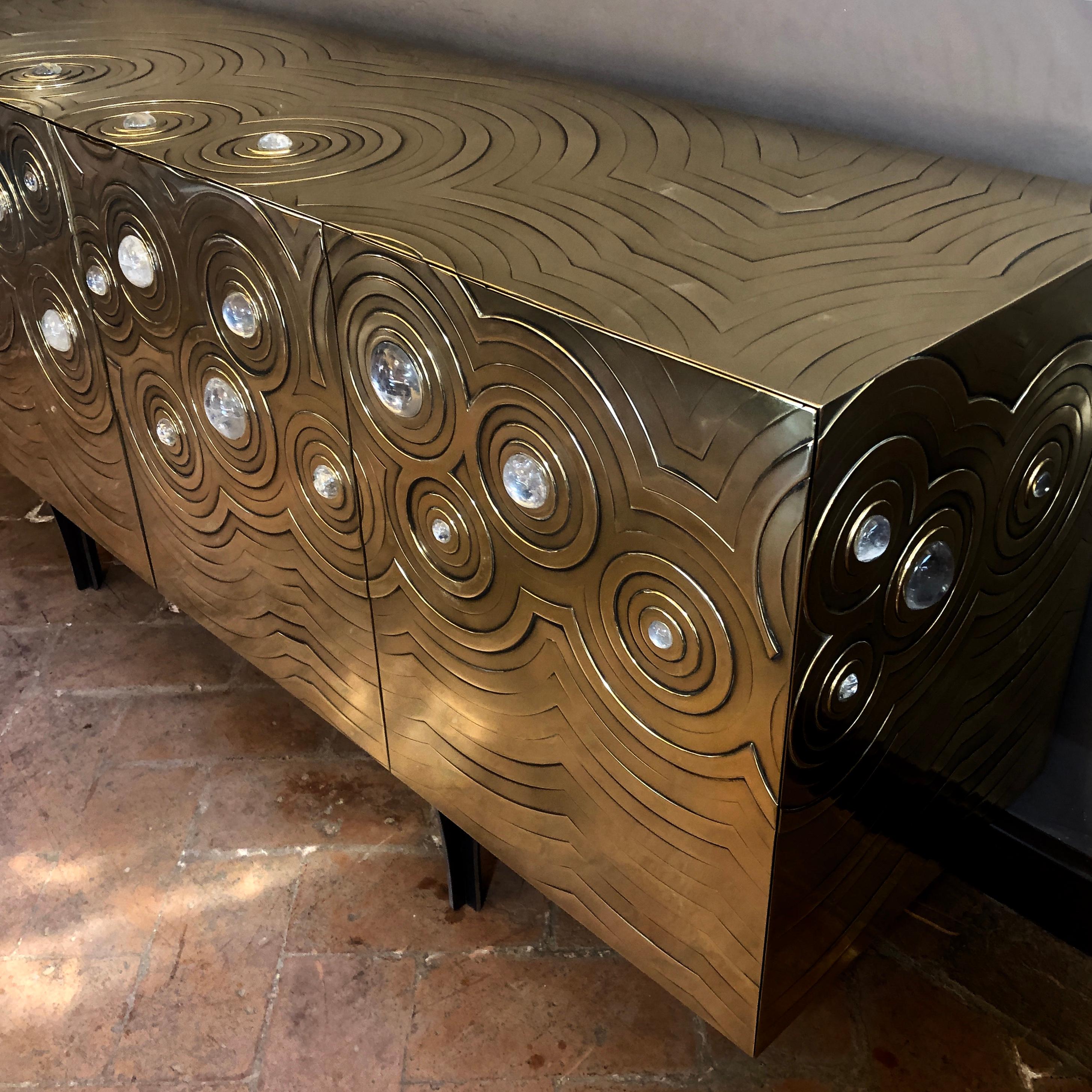 Brass, Wood & Black Steel Roepa Sideboard with Inlaid Rock Crystals, Atelier EB 3