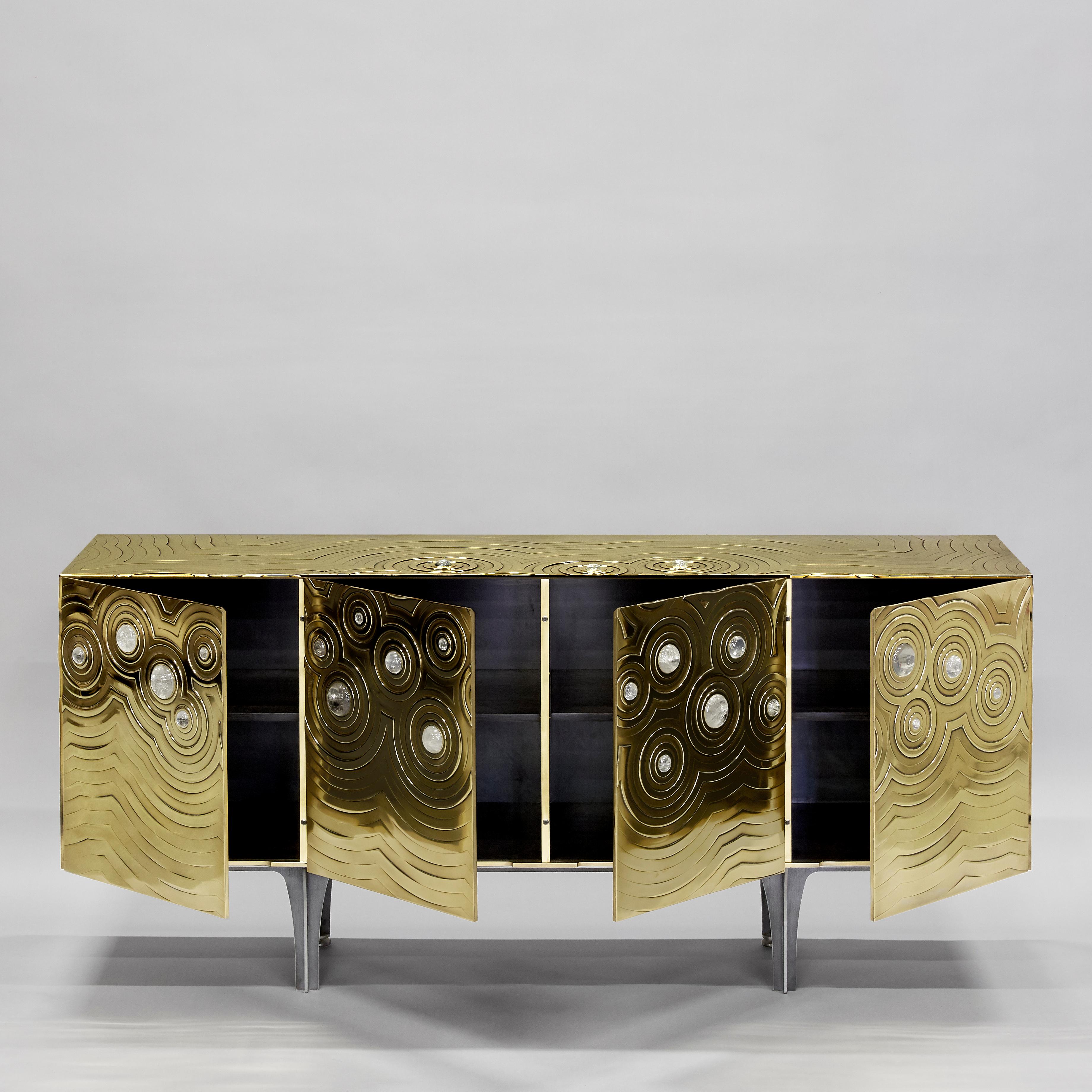 Modern Brass, Wood & Black Steel Roepa Sideboard with Inlaid Rock Crystals, Atelier EB