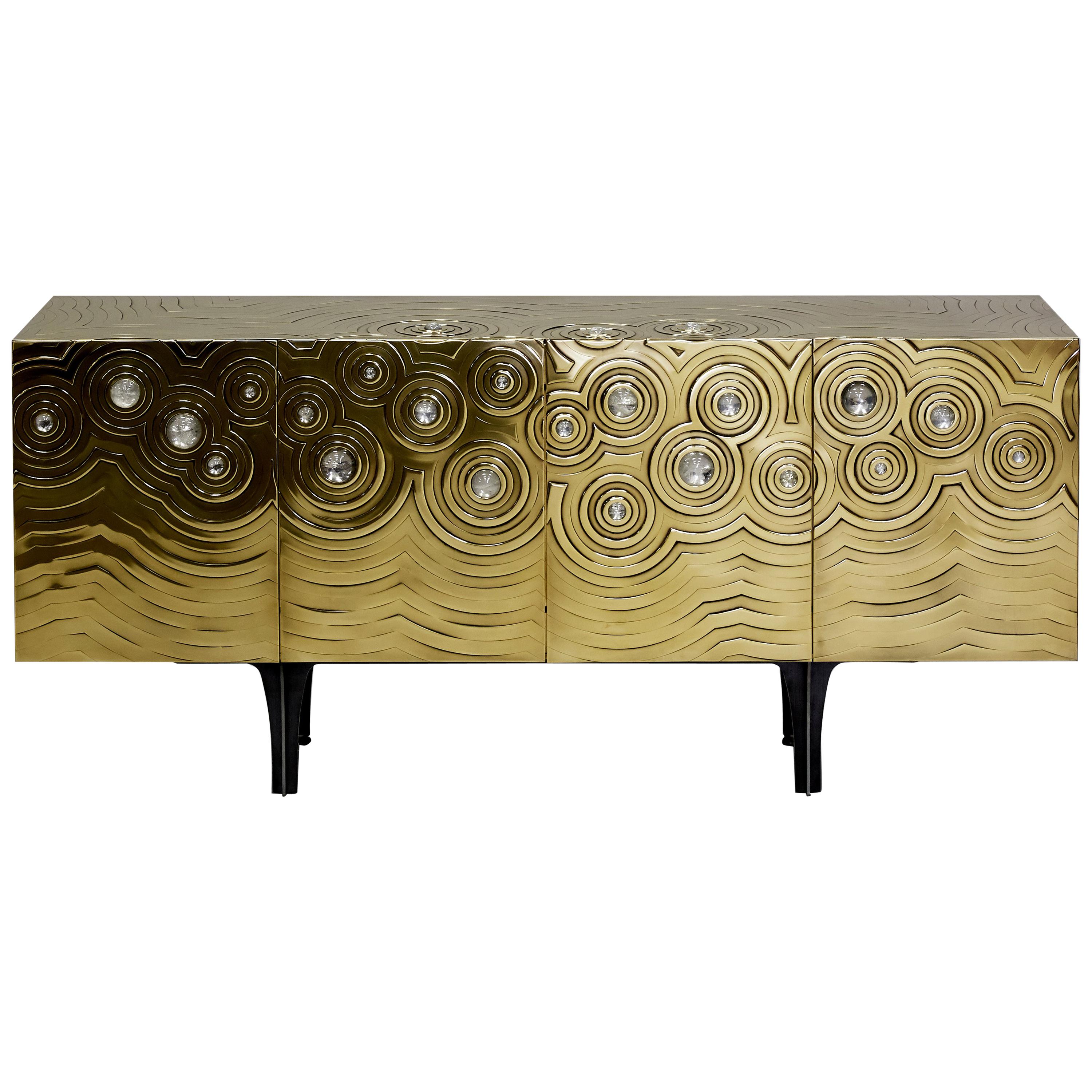 Brass, Wood & Black Steel Roepa Sideboard with Inlaid Rock Crystals, Atelier EB