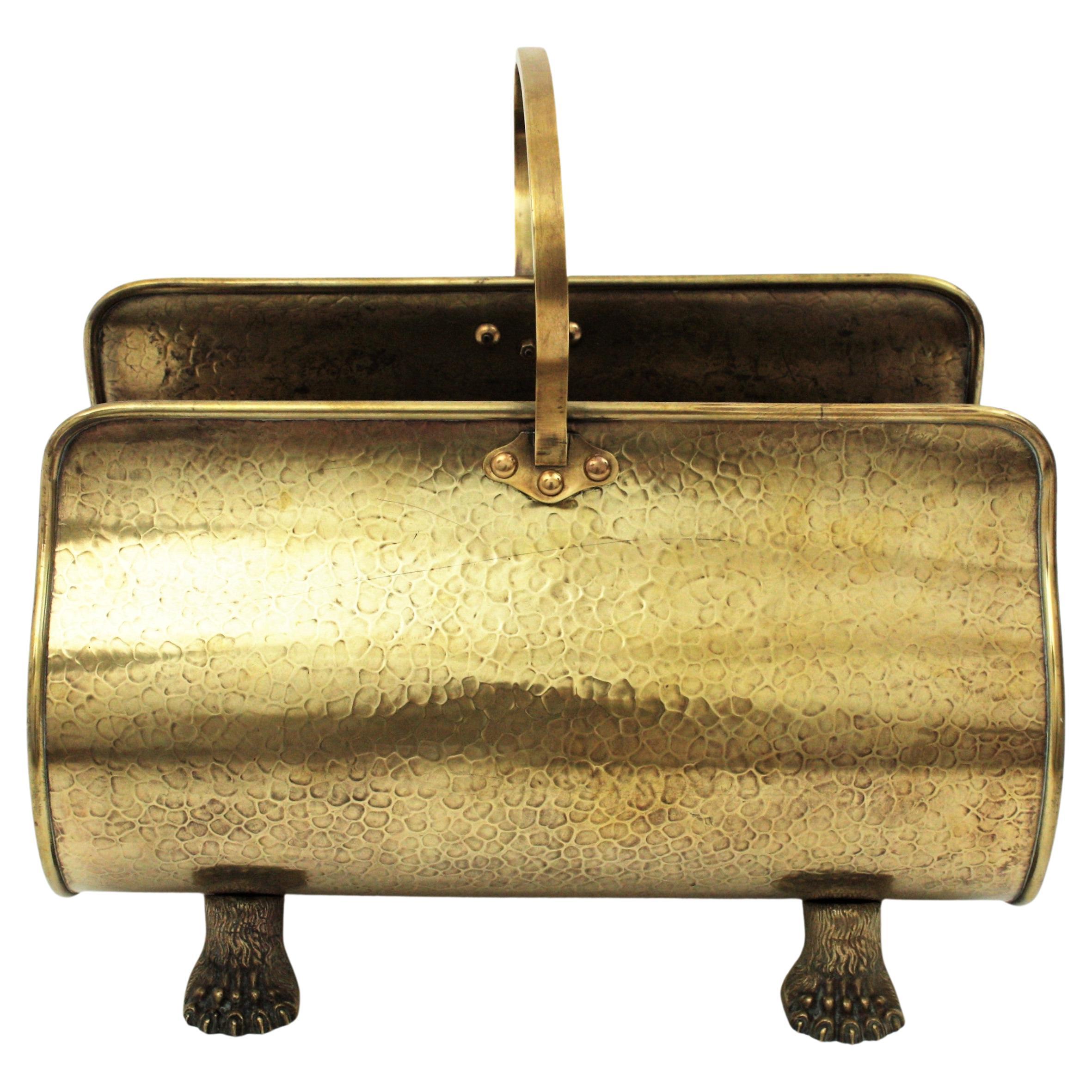 French Brass Log Holder / Magazine Rack with Claw Feet For Sale