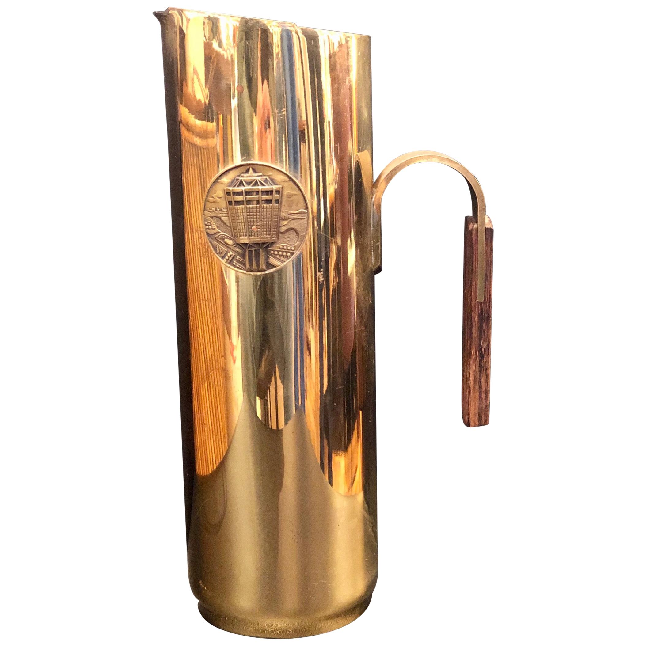 Brass & Wood Italian Water Pitcher Midcentury For Sale