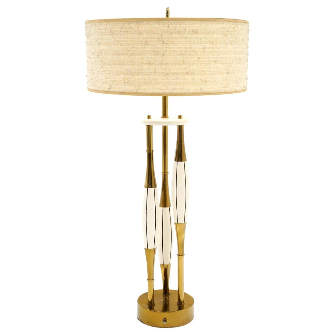 Brass & Wood Table Lamp by Stewart Ross James, White, Black Lines Original Shade